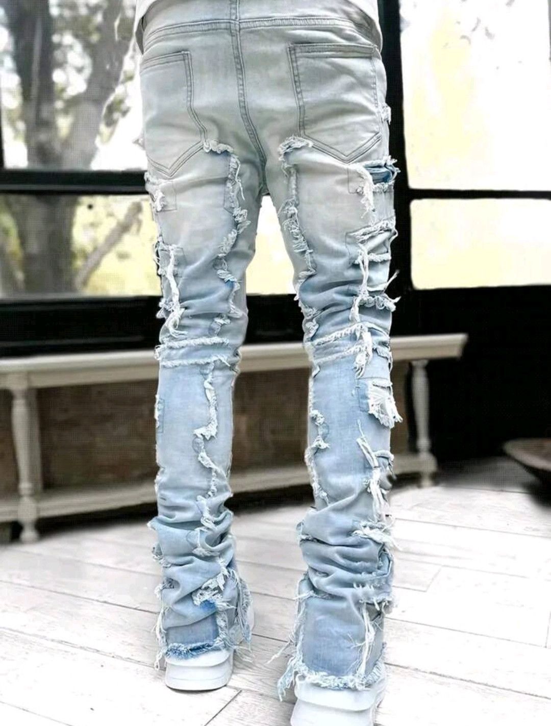 Jean Ripped Patchwork Frayed Light Jeans Size US 33 - 2 Thumbnail