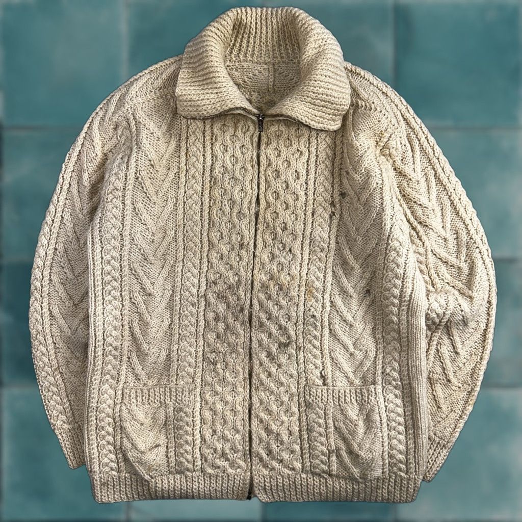 VTG Sweater Mens M Cream Cable Knit Ribbed Full Zip 1960s Rockabilly Ivory Rare