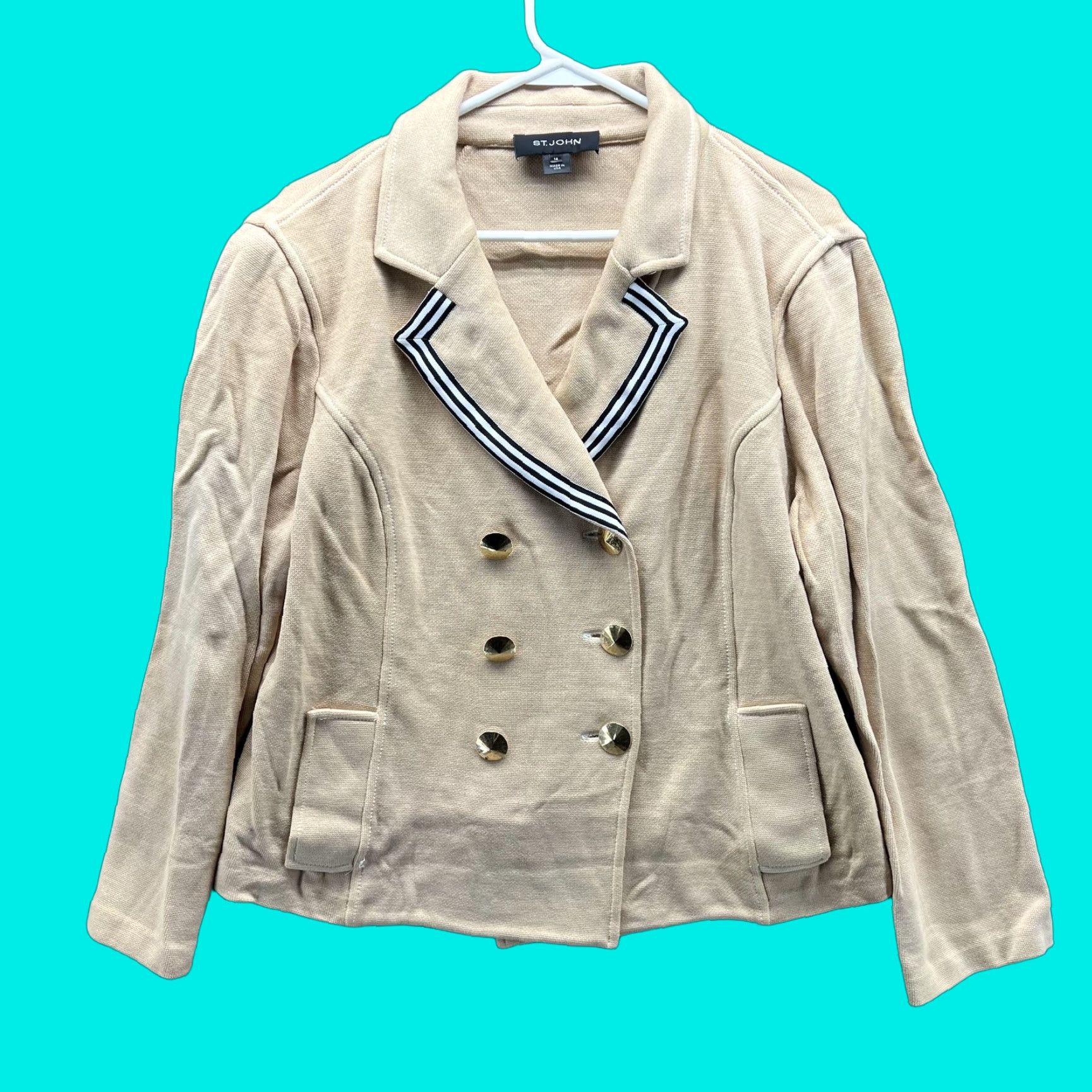St. John St. John Blazer Womens 14 Beige Nautical Stripe Knit Double Breasted Jacket Size XL / US 12-14 / IT 48-50 - 1 Thumbnail