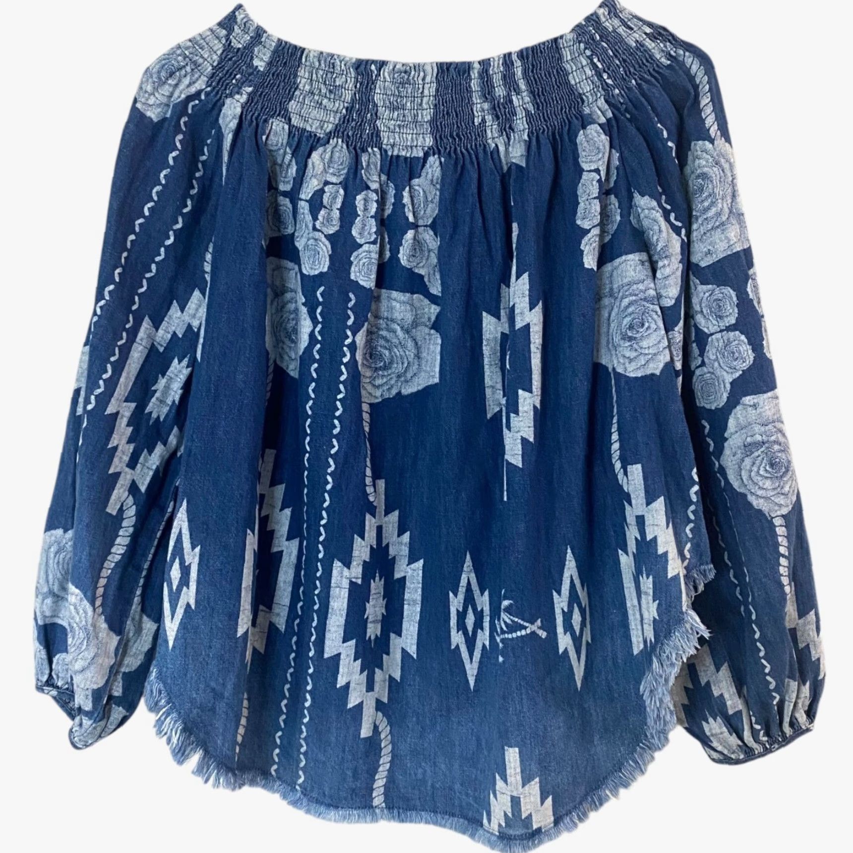 Vintage VINTAGE One Teaspoon Denim Blouse Women Medium Off-The-Shoulder Aztec Floral Bohemian Festival Size M / US 6-8 / IT 42-44 - 4 Thumbnail