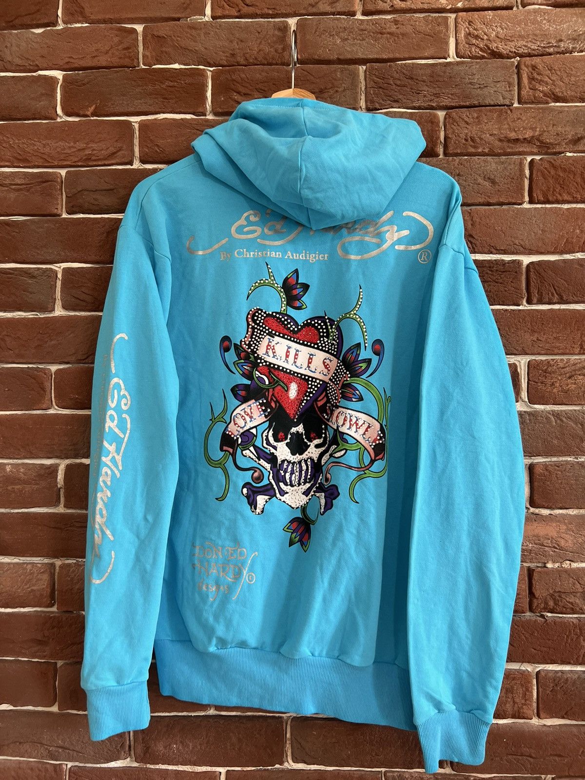 image of Christian Audigier x Ed Hardy Vintage Y2K Ed Hardy Audigier Skull Hoodie Streetwear in Blue (Size X