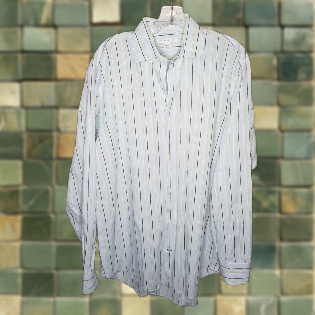 Banana Republic Banana Republic Dress Shirt Men L Blue Green Striped Long Sleeve Button-Down Shirt, Size L, Men’s Shirt Size 42R - 1 Thumbnail