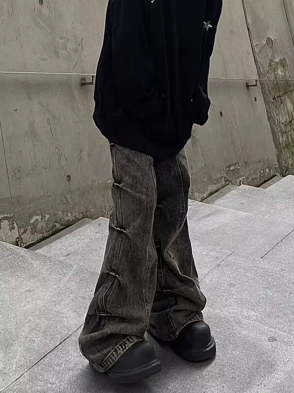 Vintage side pleated micro-flare wide-leg jeans