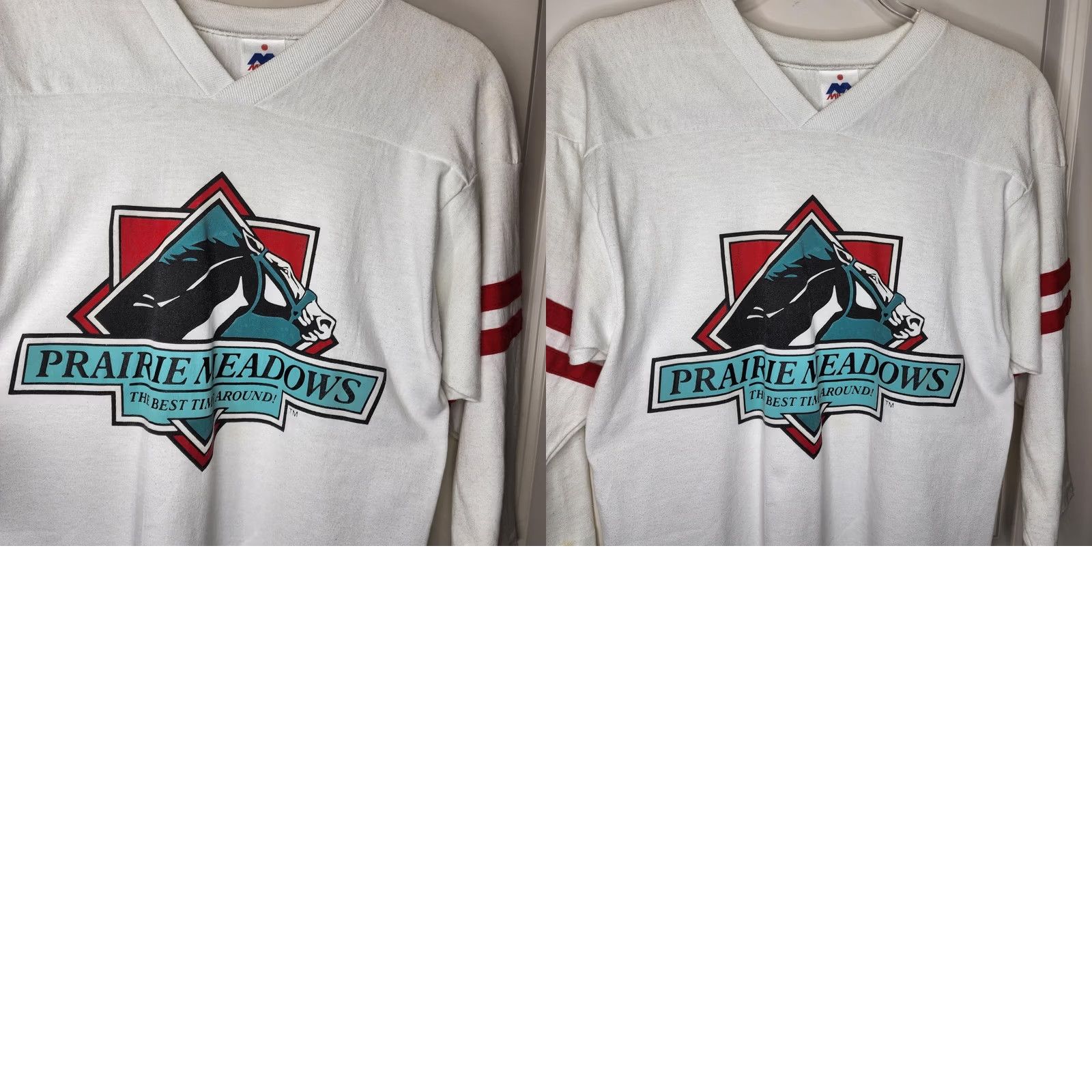 Vintage VINTAGE Miller Prairie Meadows Graphic Shirt Men M 3/4 Sleeve White Teal Red Horse Racing V-Neck Size US M / EU 48-50 / 2 - 10 Thumbnail