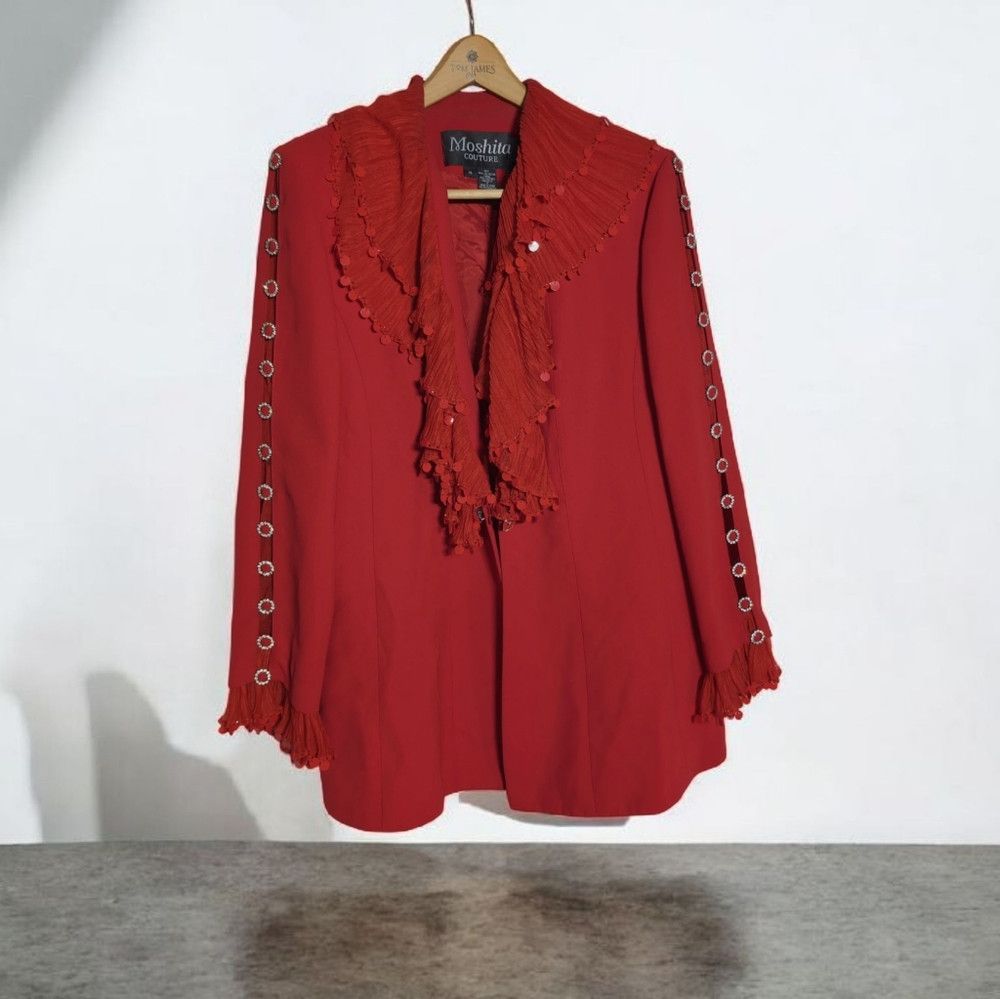 Designer Moshita Coture Red Ruffled Blazer With Rhinestones Sz 16 Size XXL / US 16-18 / IT 52-54 - 1 Thumbnail