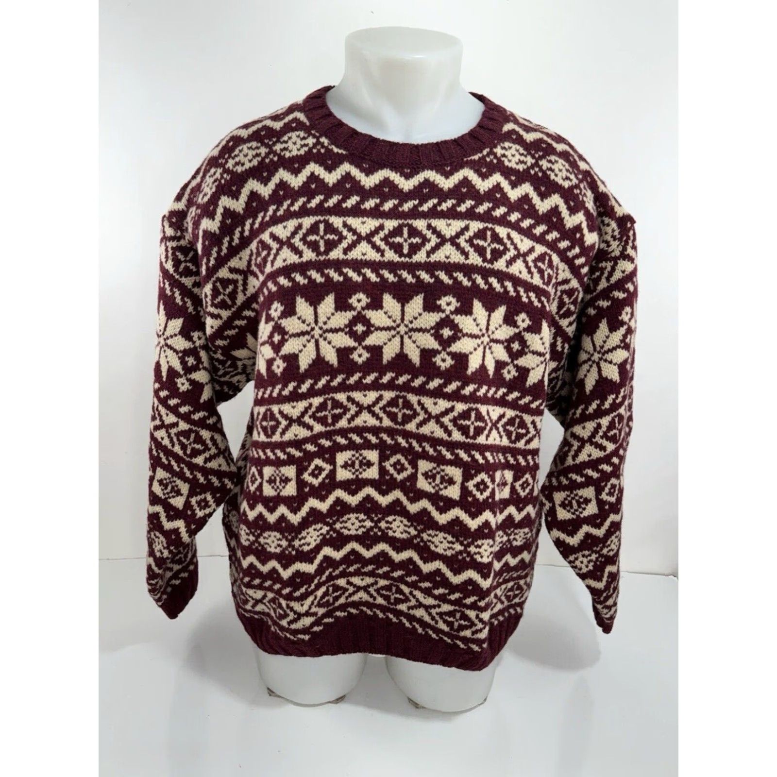 Vintage L.L. Bean Sweater Mens L Wool Oversized Maroon / Beige Pullover Knit Knit Heavy New Zealand Wool Scotland Size US L / EU 52-54 / 3 - 2 Thumbnail