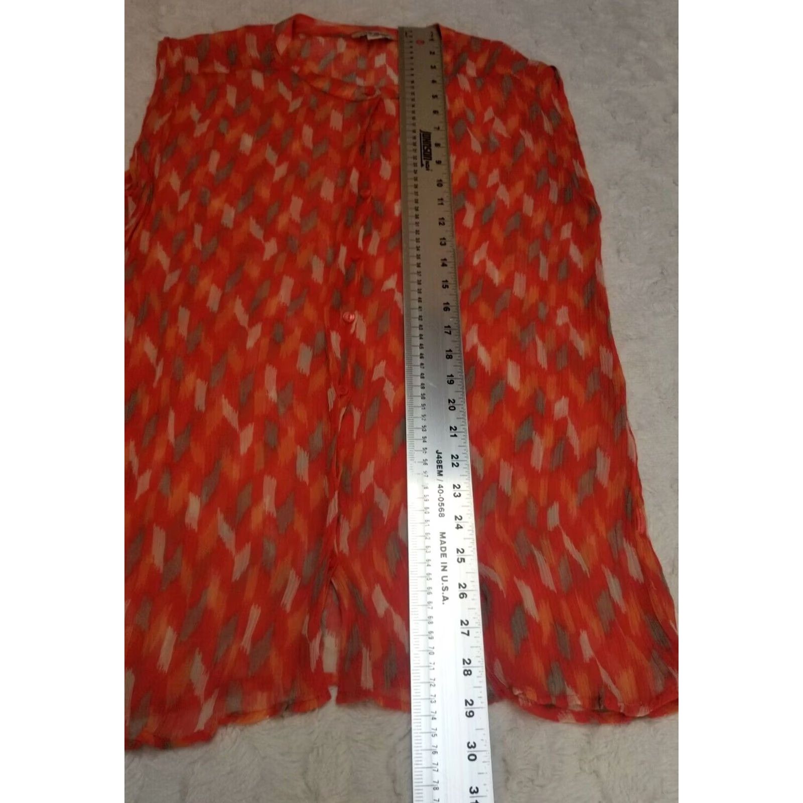 Lucky Brand Lucky Brand Womens Abstract Orange Sheer Button Down Top V-Neck Cap Sleeve Large Size L / US 10 / IT 46 - 5 Thumbnail