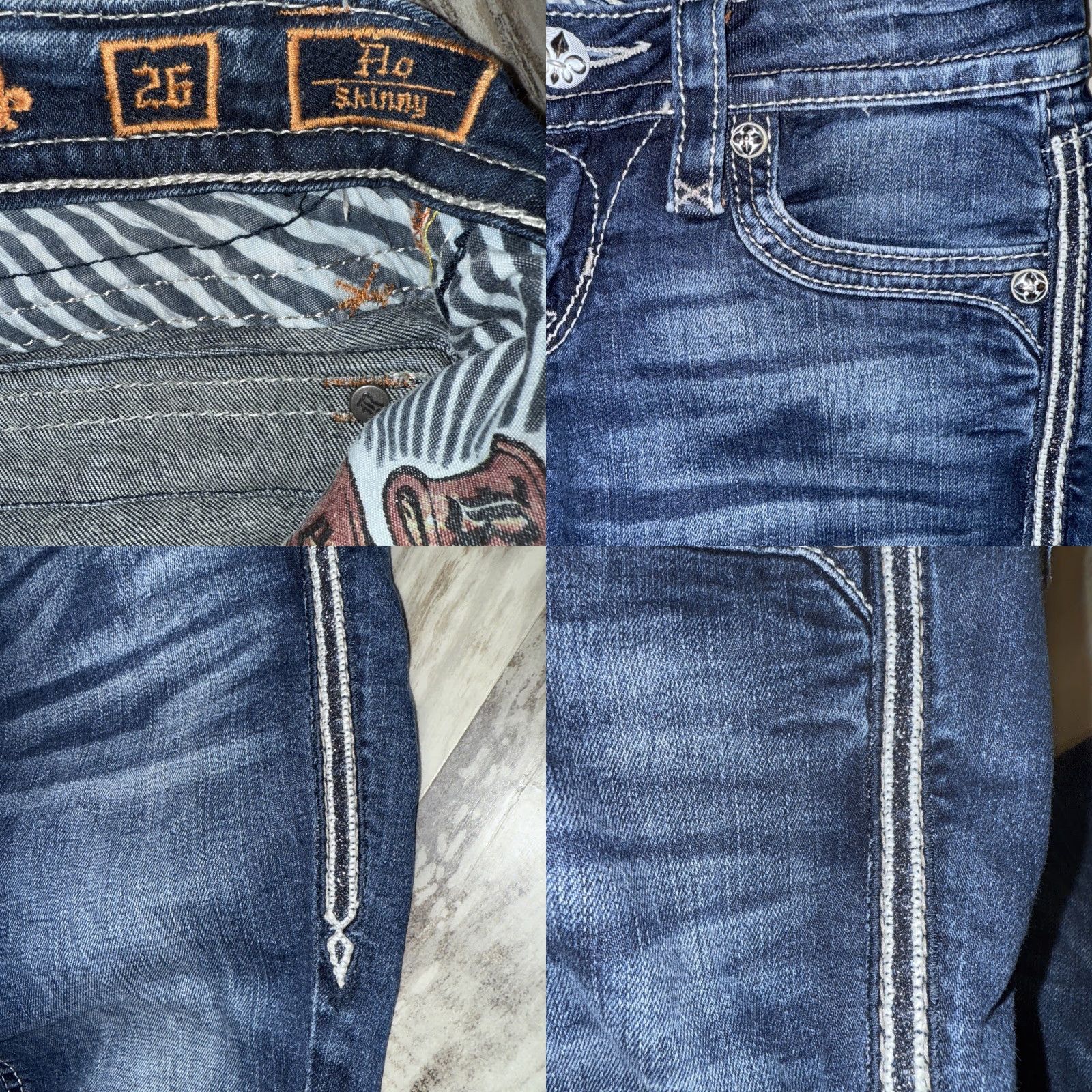 Vintage Rock Revival Jeans Women's 26 Blue Flo Easy Skinny Bling Denim Flap Pocket Y2K Size 26" / US 2 / IT 38 - 8 Thumbnail