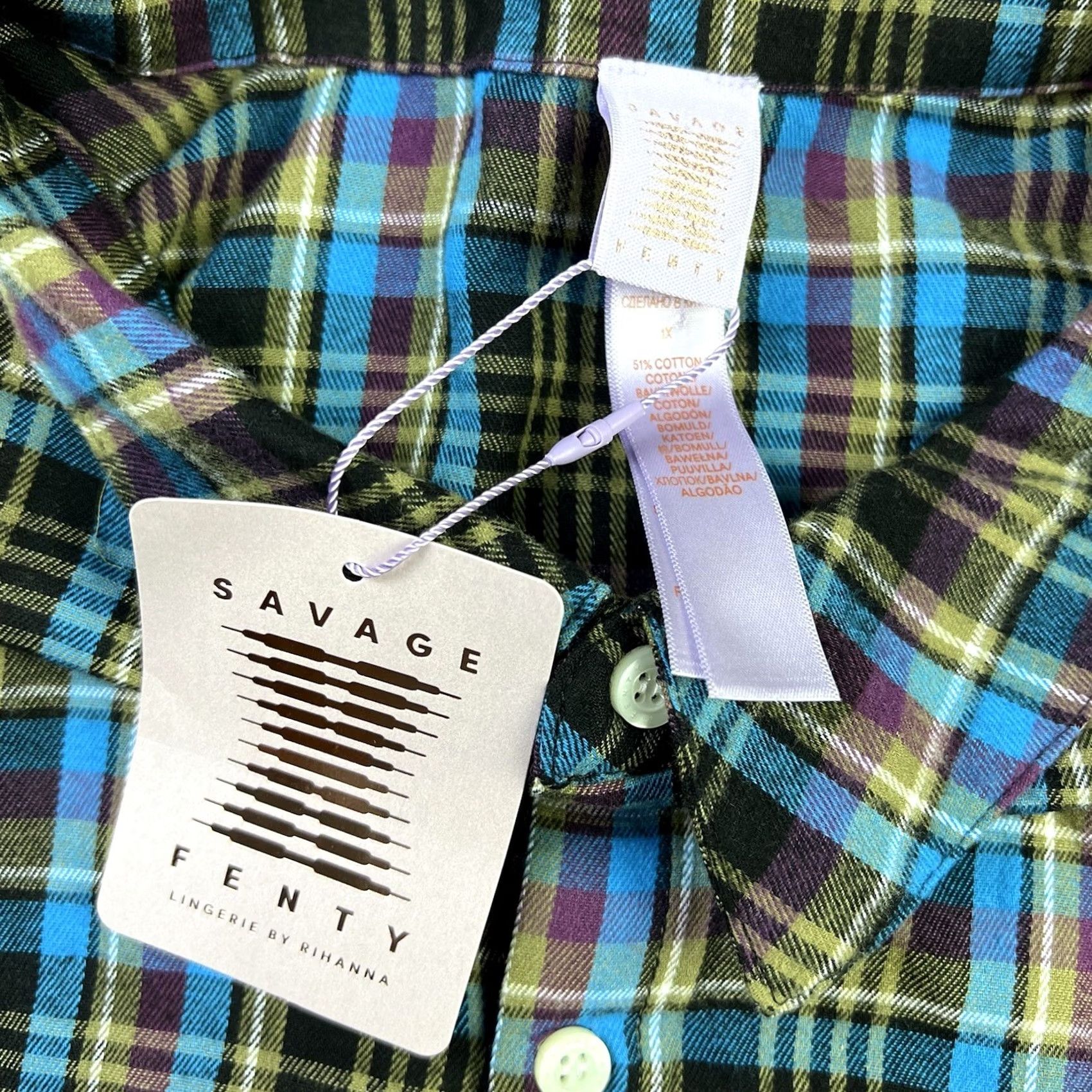 Vintage Savage X Fenty Womens Pajama Shirt Flannel 1X Plaid Blue Lace Up Crest Logo Nighttime Sleepwear Mens? Size XL / US 12-14 / IT 48-50 - 2 Thumbnail
