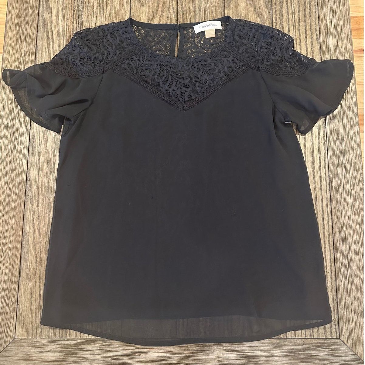 Calvin Klein Calvin Klein Women's Black Lace Neck Sheer Short Sleeve PXS Size XS / US 0-2 / IT 36-38 - 1 Thumbnail