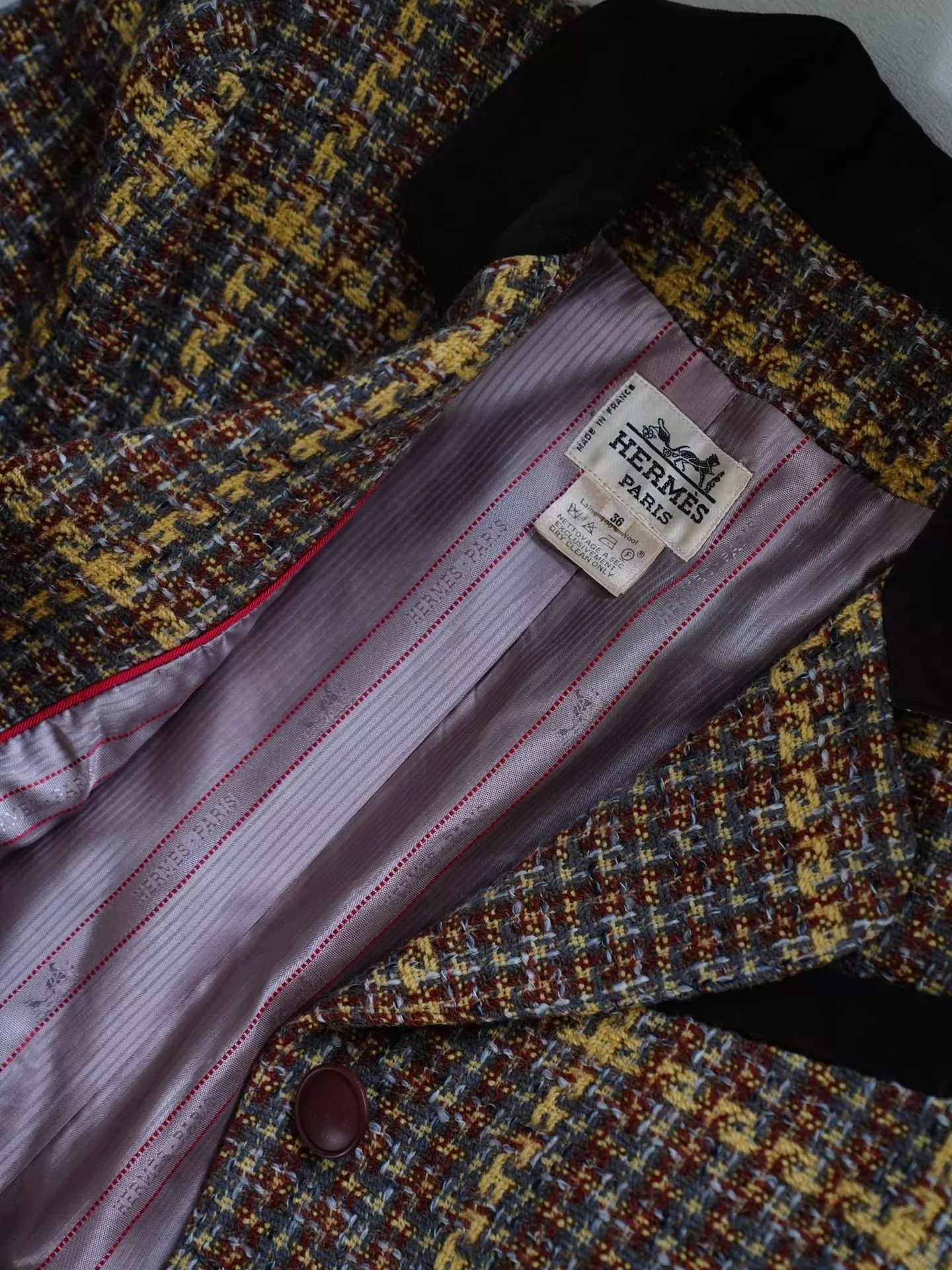 Hermes Vtg Wool Tweed Suede Check Blazer & Skirt Set FR36 Size XS / US 0-2 / IT 36-38 - 9 Thumbnail