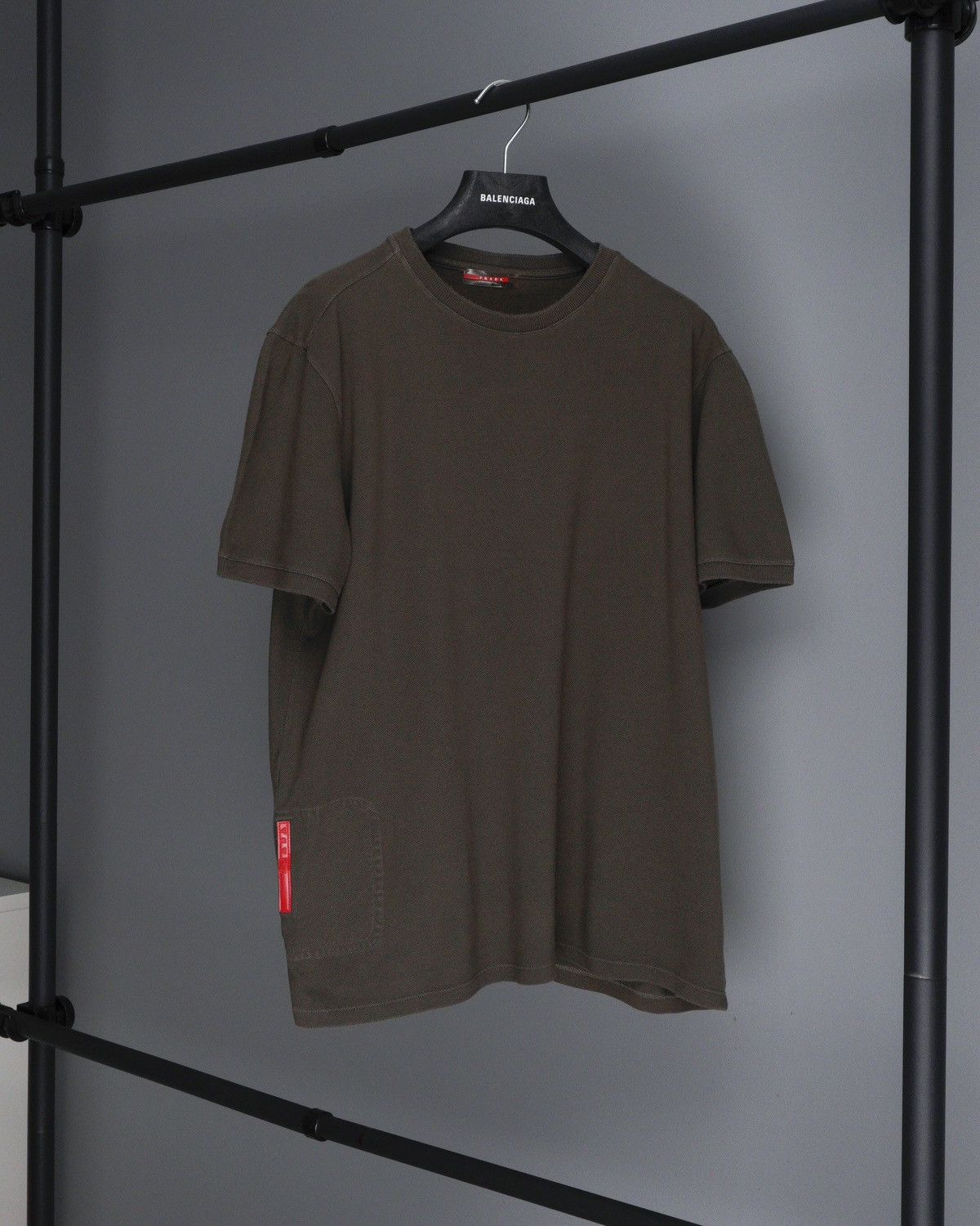 Image of Vintage Prada Red Tab Logo Pocket Washed Tee Shirt in Khaki, Men's (Size XL)