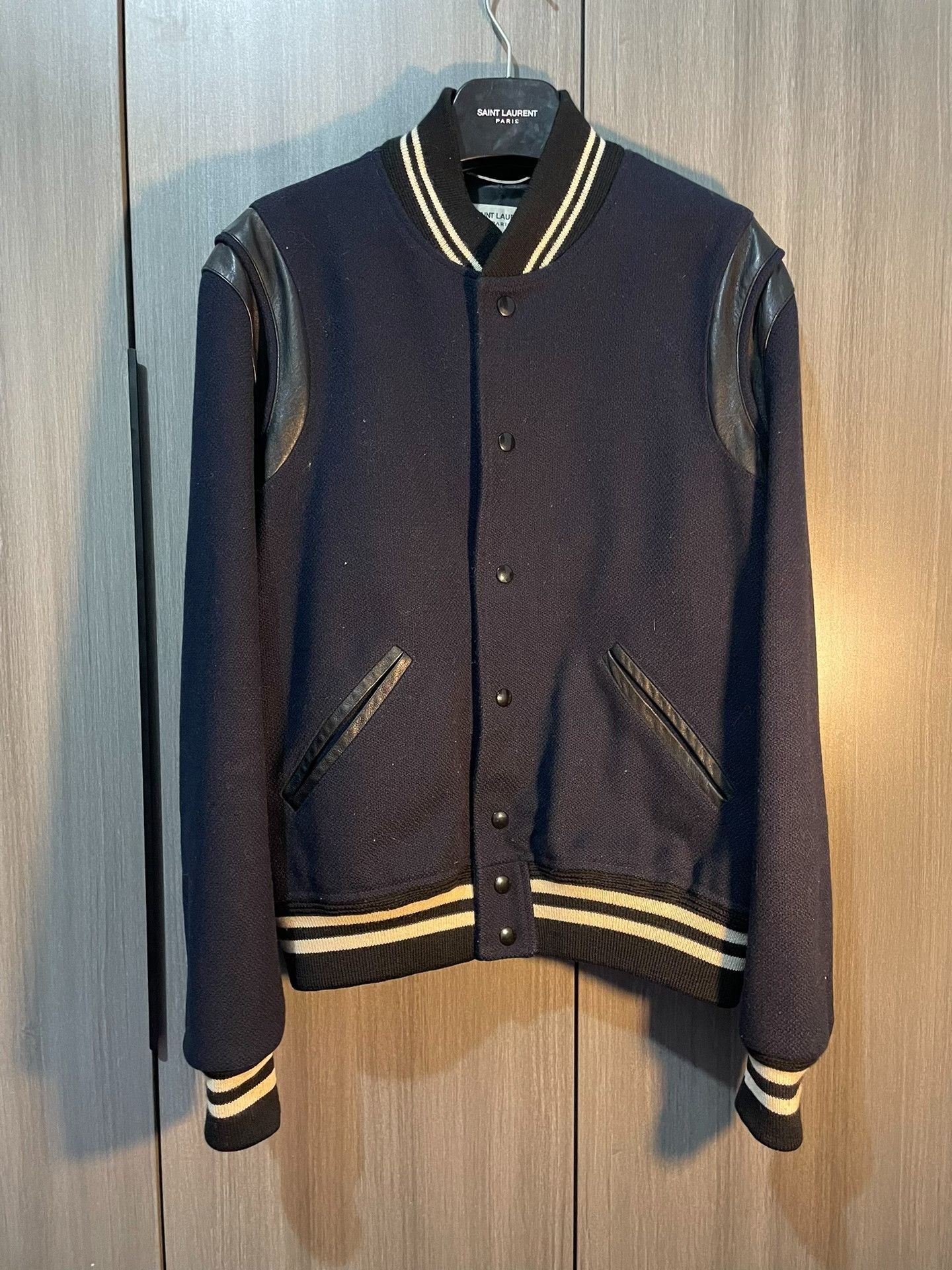 Saint Laurent Paris Saint Laurent Navy Leather Sleeves Varsity Jacket Size US M / EU 48-50 / 2 - 1 Thumbnail