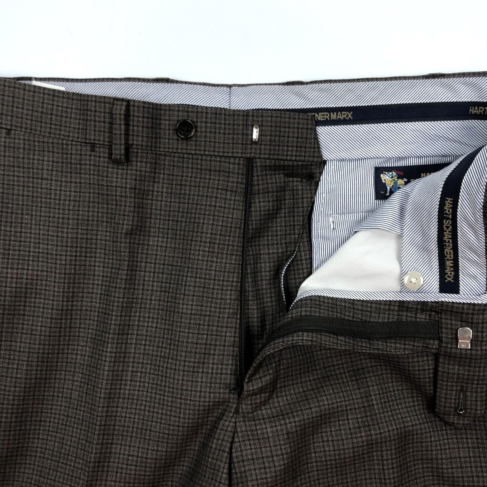 Hart Schaffner Marx Hart Schaffner Marx Men's Brown Plaid 100% Wool Dress Pants Flat Front 35x33 Regular Size US 35 - 6 Thumbnail