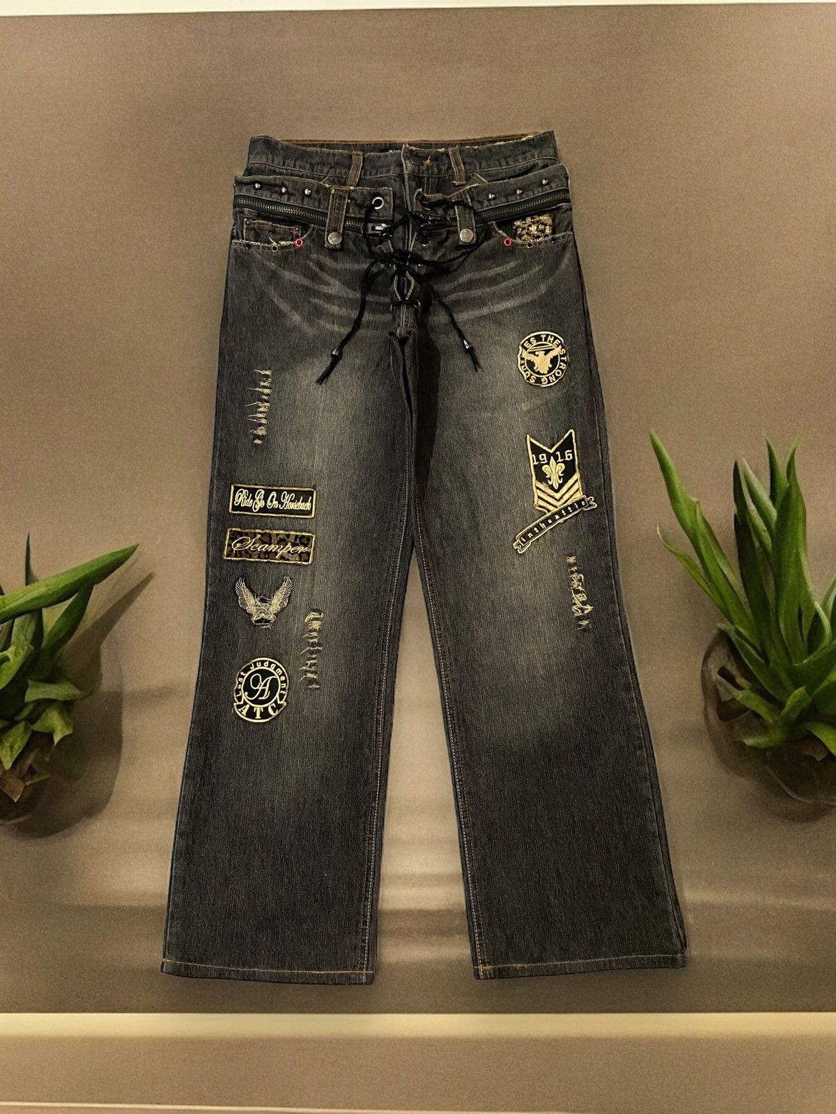 image of In The Attic Rusty Double Waisted Patches Punk Style Pants in Black, Men's (Size 32)