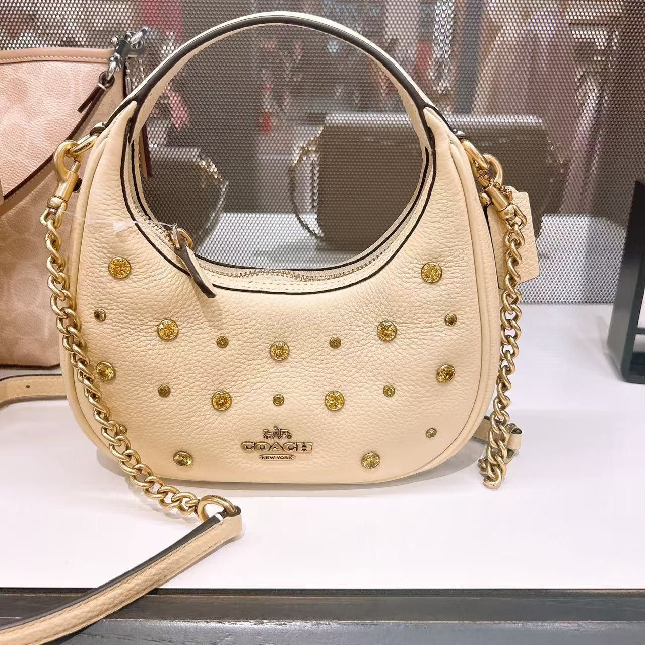 Coach Carmen Mini Crossbody Bag With Crystal Cak87 in Novelty Leather/Brass/Moonlight, Women's