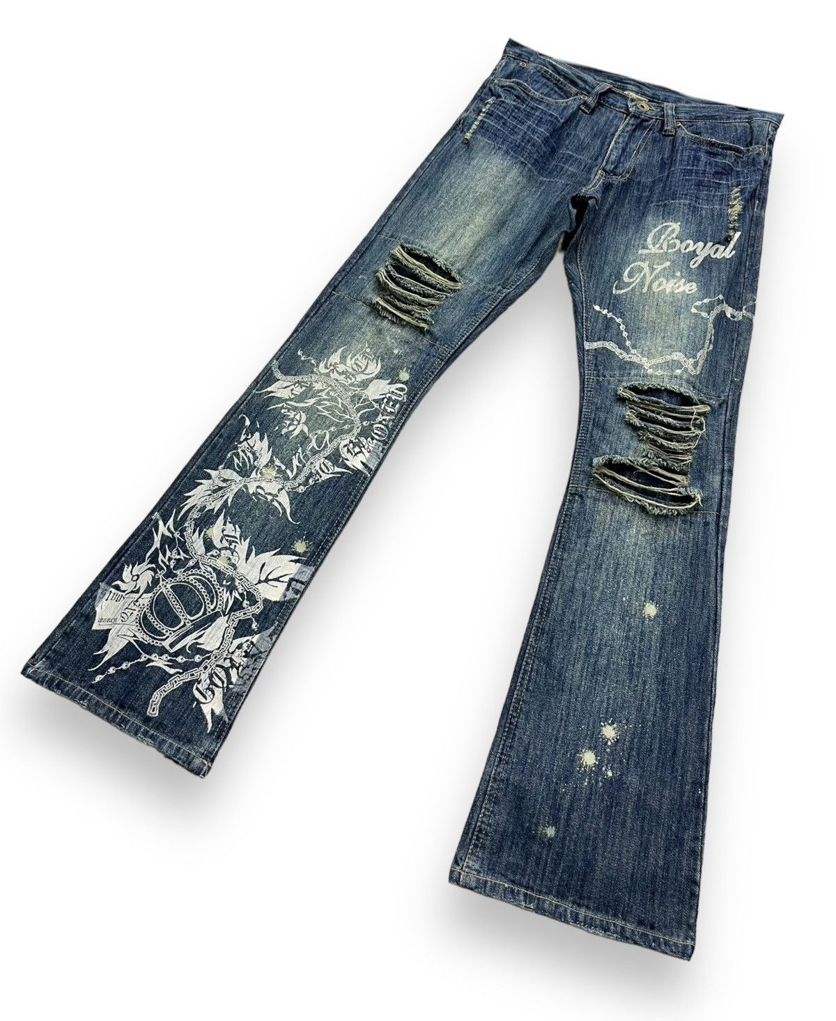 Guru FYE🔥GUMU INTERNATIONAL Punk Ripped Tribal Print Flare Denim Size 31" - 6 Thumbnail