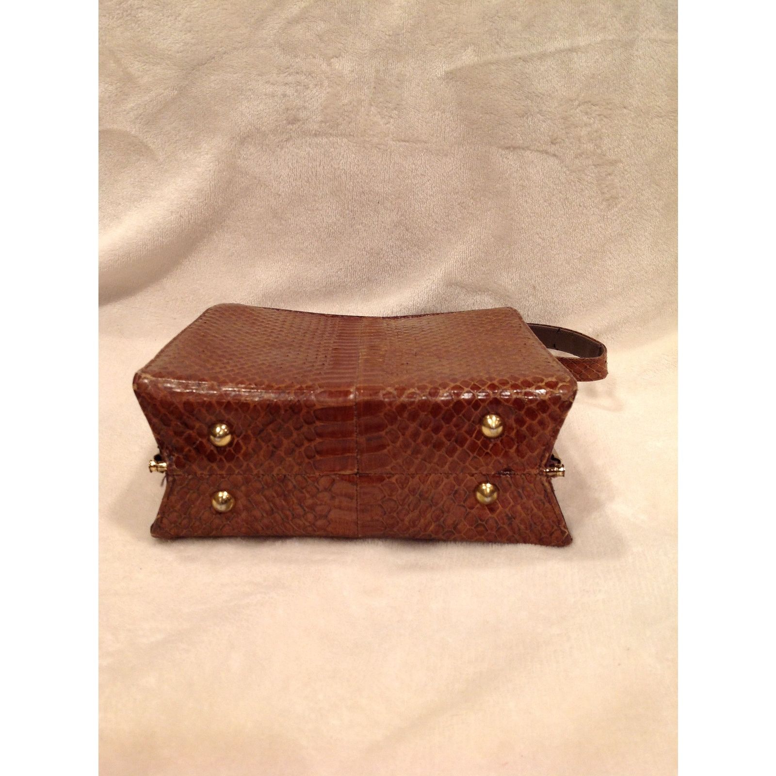 Vintage Vintage Brown Snake Print Handbag Gold Accents Top Handle Size ONE SIZE - 6 Thumbnail