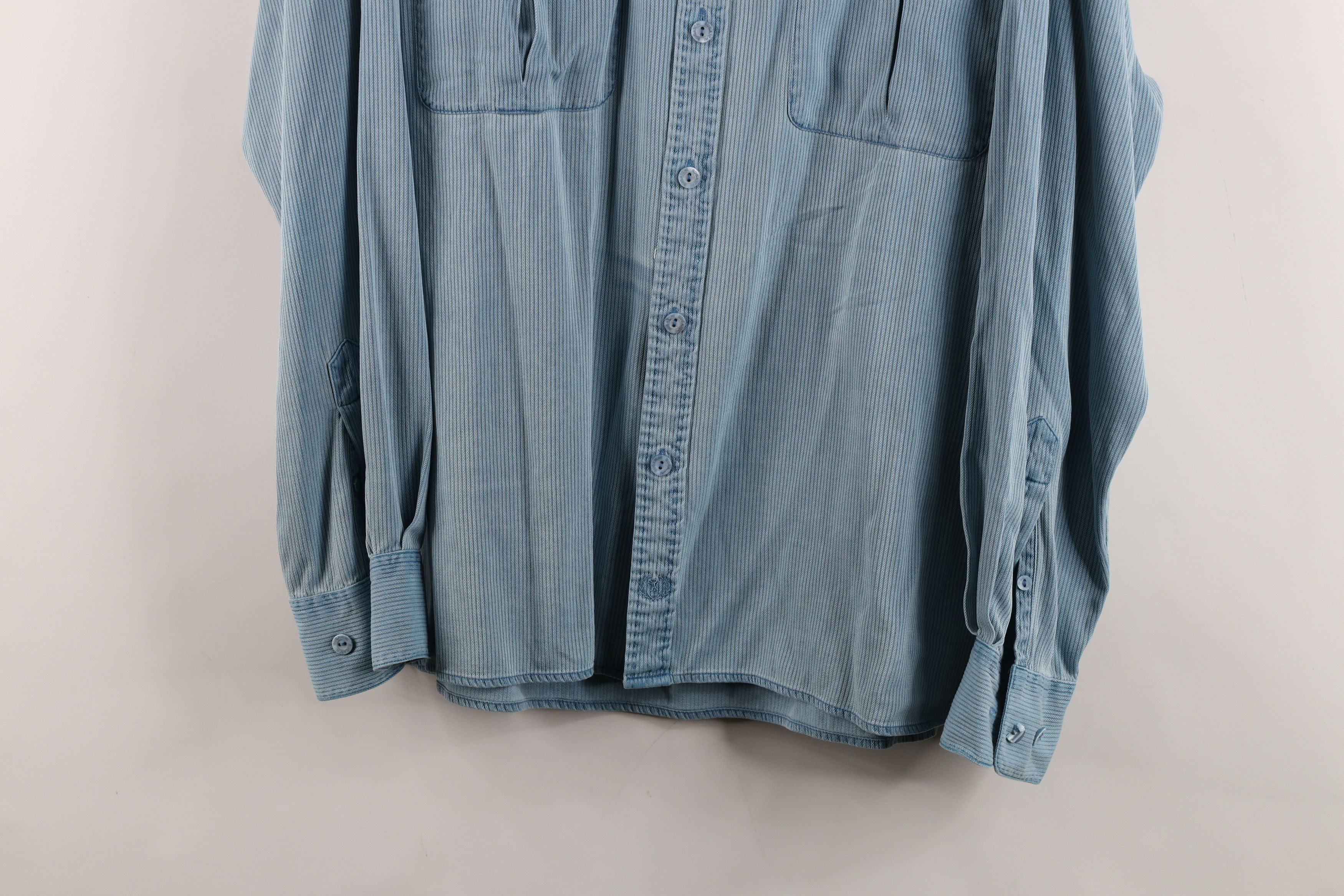 Vintage Vintage Bugatchi Uomo Silk Ribbed Collared Button Shirt Blue Size US M / EU 48-50 / 2 - 3 Thumbnail