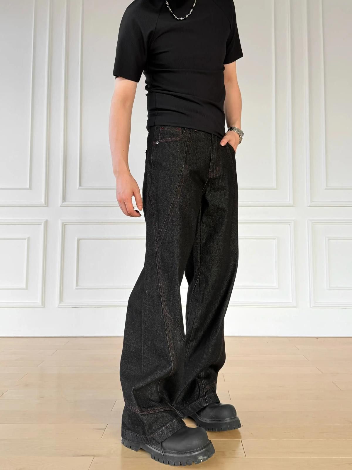 Jean Black Wide Leg Raw Denim Jeans Size US 32 / EU 48 - 2 Thumbnail