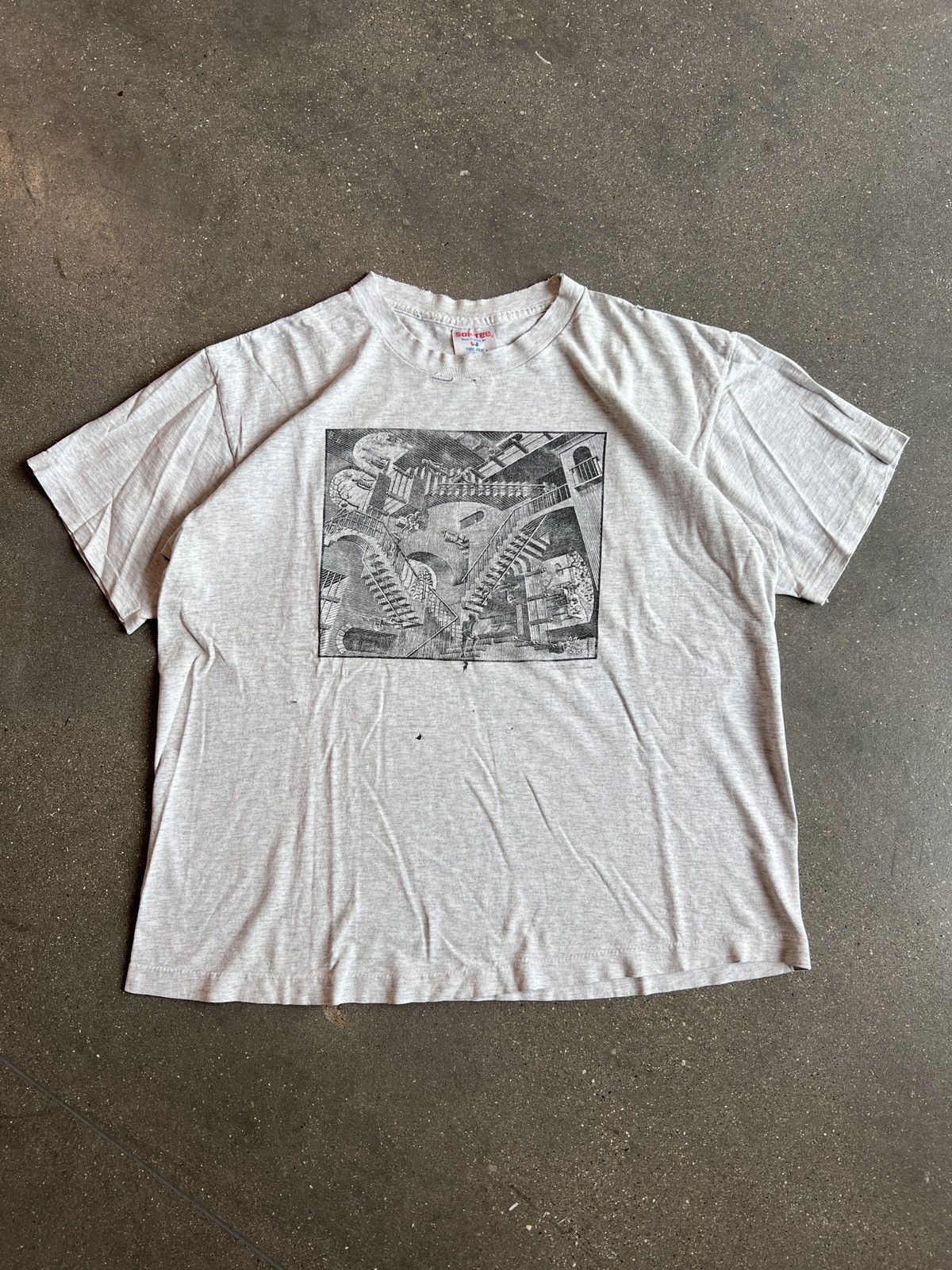 image of Art x Vintage Mc Escher Staircase Shirt Thrashed XL Grey in White, Men's