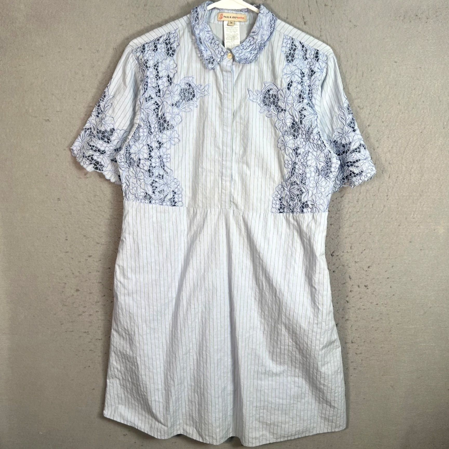 Paul & Joe VINTAGE Paul & Joe Sister Shirt Dress Womens 38 W/ Lace Embroidery & Stripes Size XS / US 0-2 / IT 36-38 - 2 Thumbnail