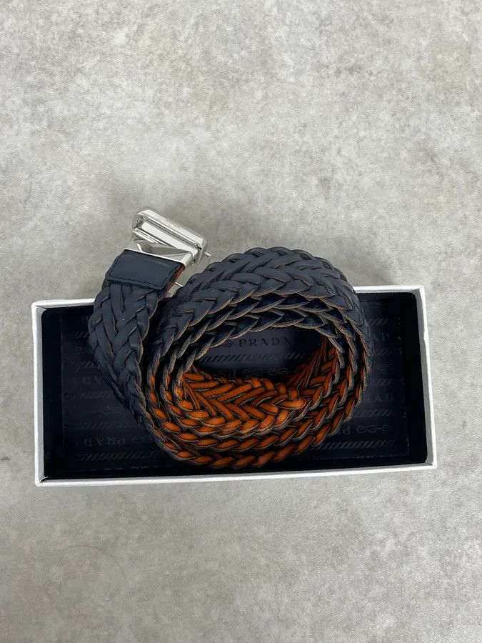 Prada Prada Reversible Navy & Orange Woven Premium Leather Belt Size ONE SIZE - 8 Thumbnail