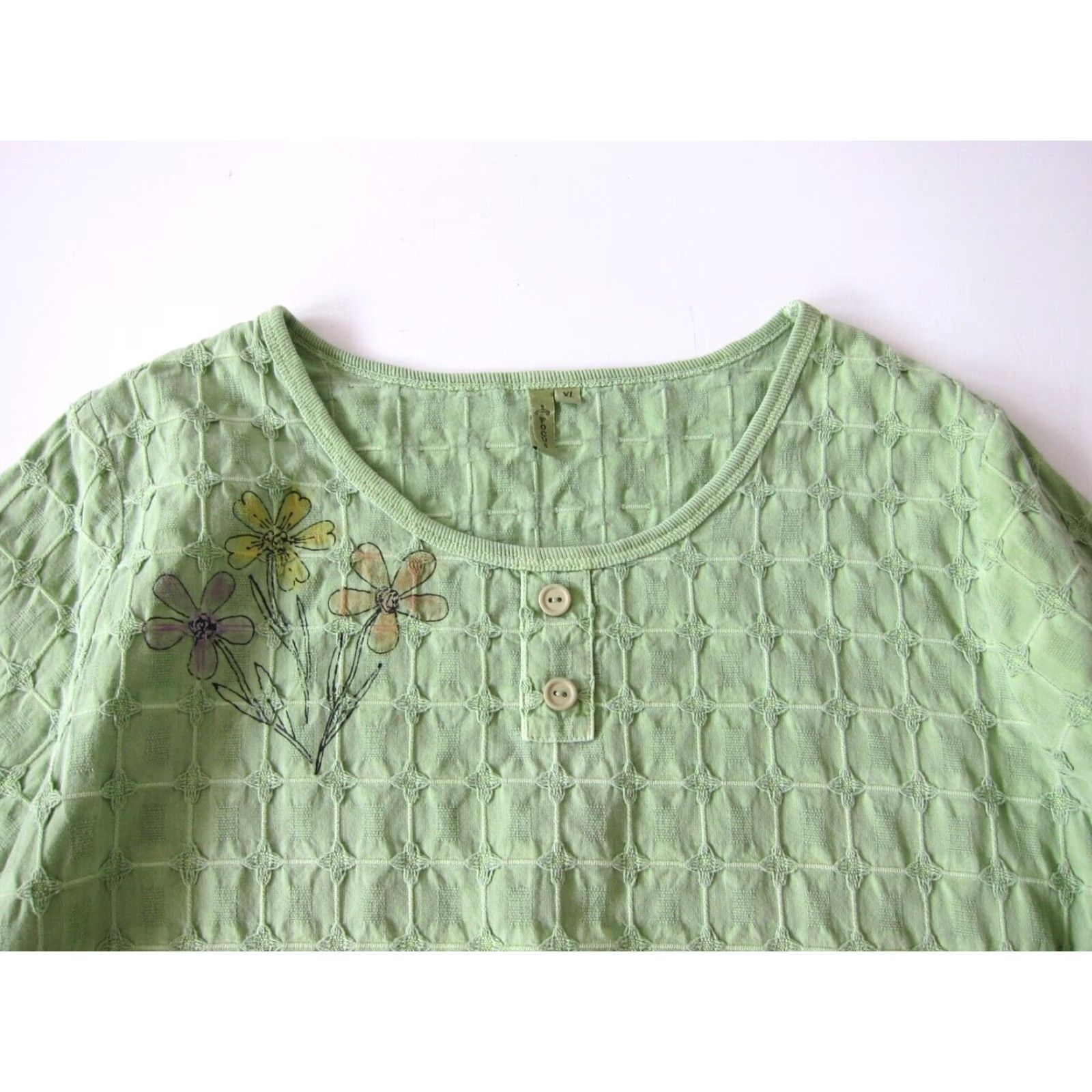Vintage Focus 100% Waffle Cotton Green Floral Pocket 3/4 Sleeve Boxy Tunic Blouse XL Size XL / US 12-14 / IT 48-50 - 3 Thumbnail