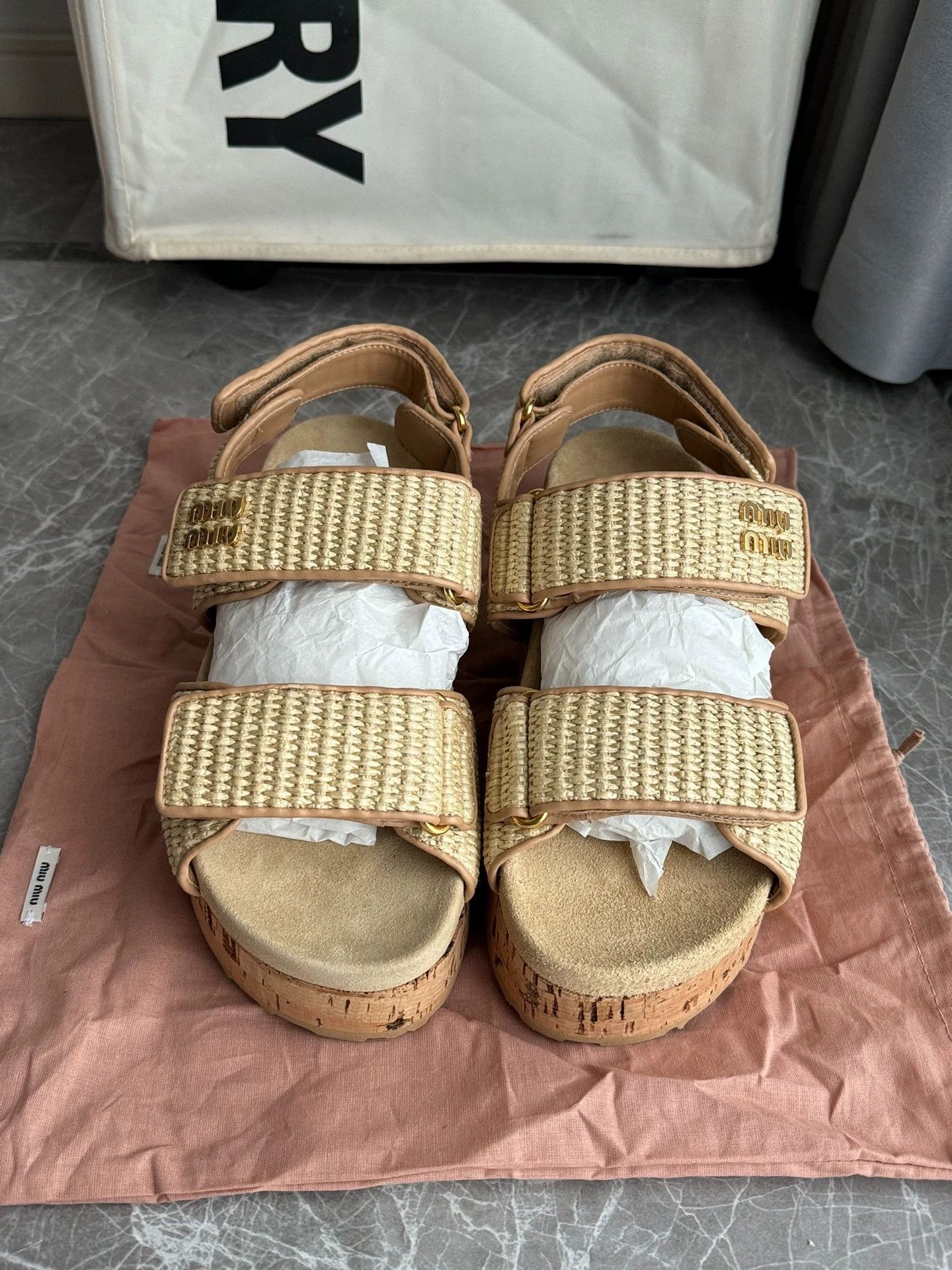 Miu Miu MIU MIU Women's Beige Woven Velcro Beach Sandals 38 Size US 7.5 / IT 37.5 - 2 Thumbnail