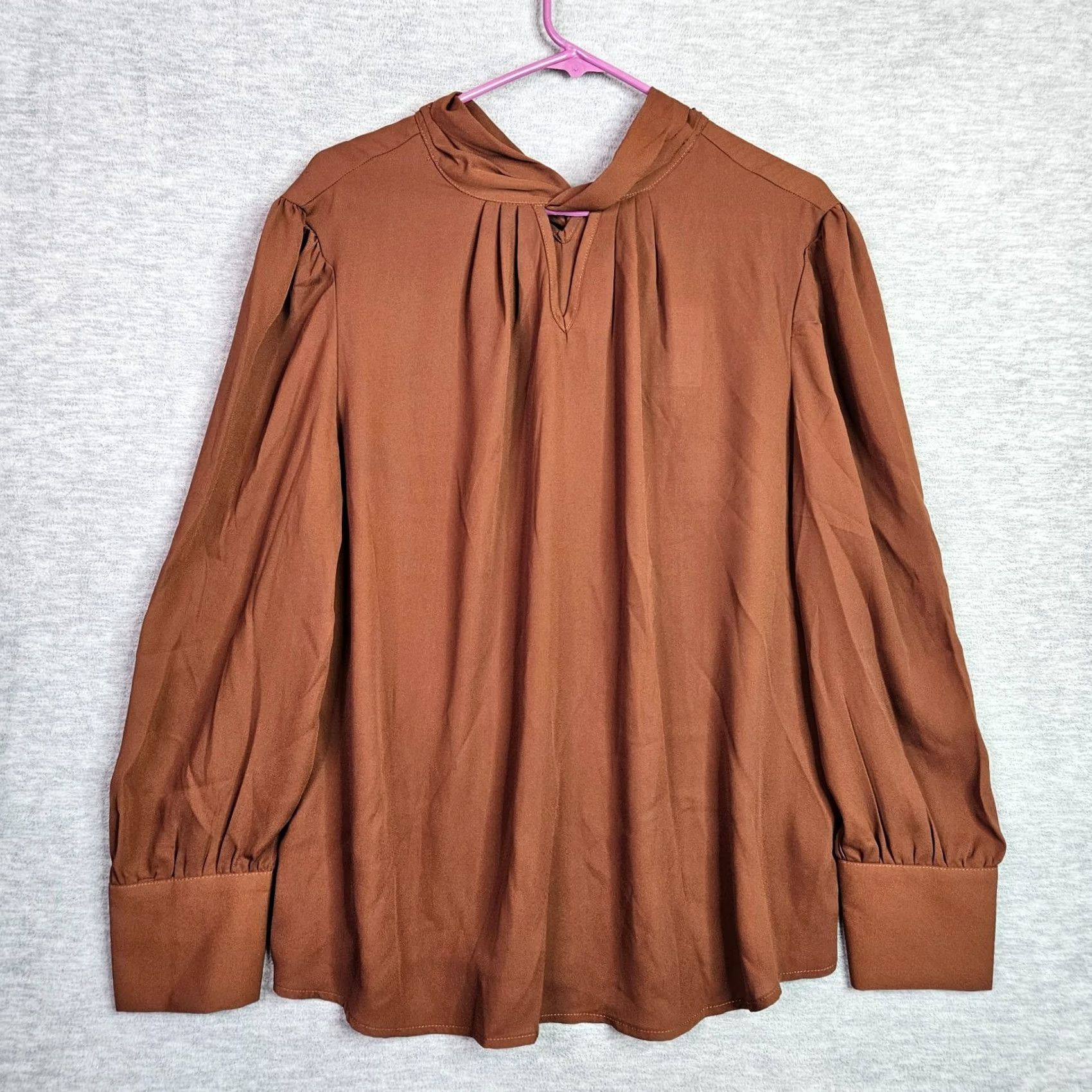 Adrianna Papell Adrianna Papell Women's Blouse L Brown Solid Twisted Collar NWT Crew Neck Long Sleeve Regular Polyester Shirt Size L / US 10 / IT 46 - 2 Thumbnail