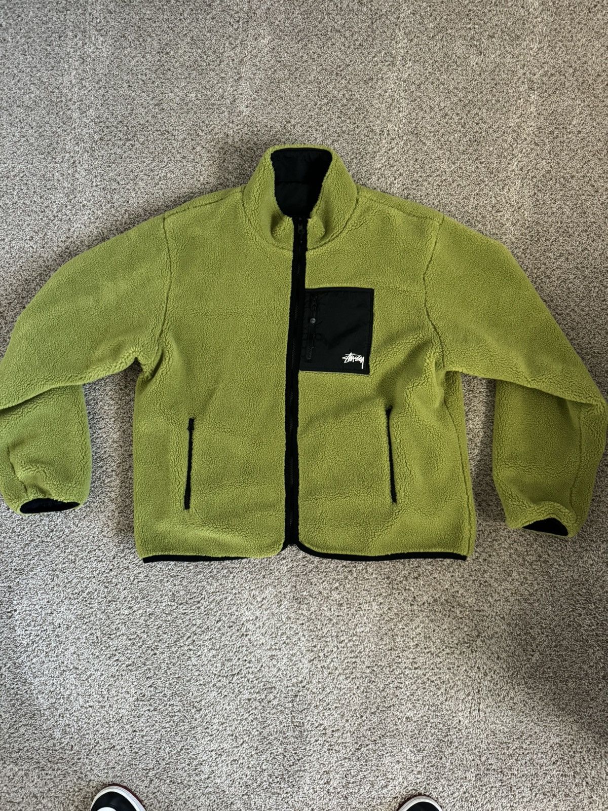 image of Stussy Reversible Sherpa Fleece Jacket in Moss Green, Men's (Size 2XL)