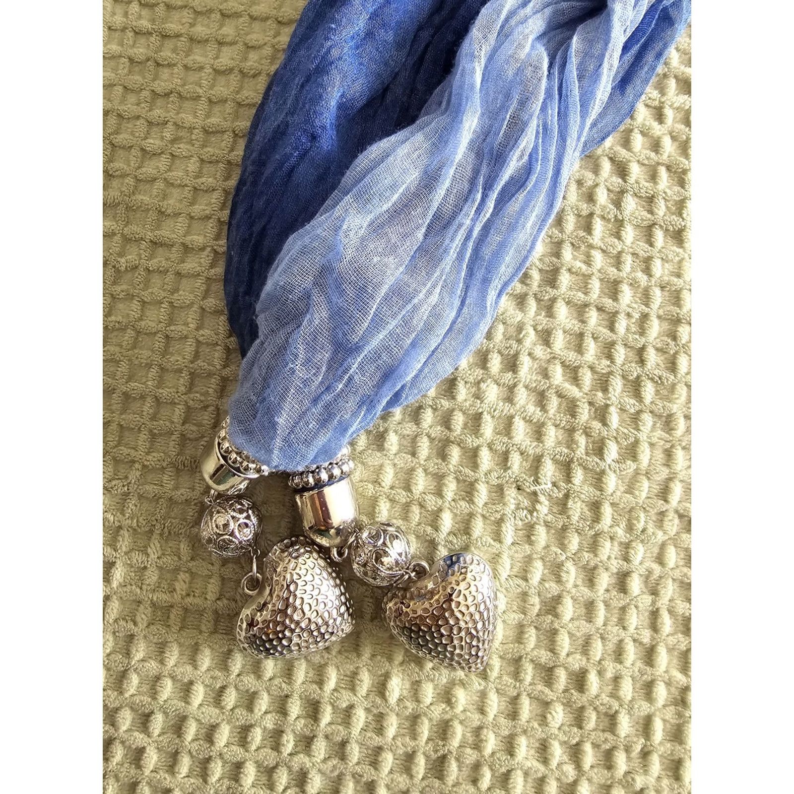 Vintage VINTAGE Blue Ombre Scarf with Heart Charms Scarf Women Adult 69in Blue Heart Charms Fall Spring Summer Winter art love cottagecore fairycore Size ONE SIZE - 6 Thumbnail