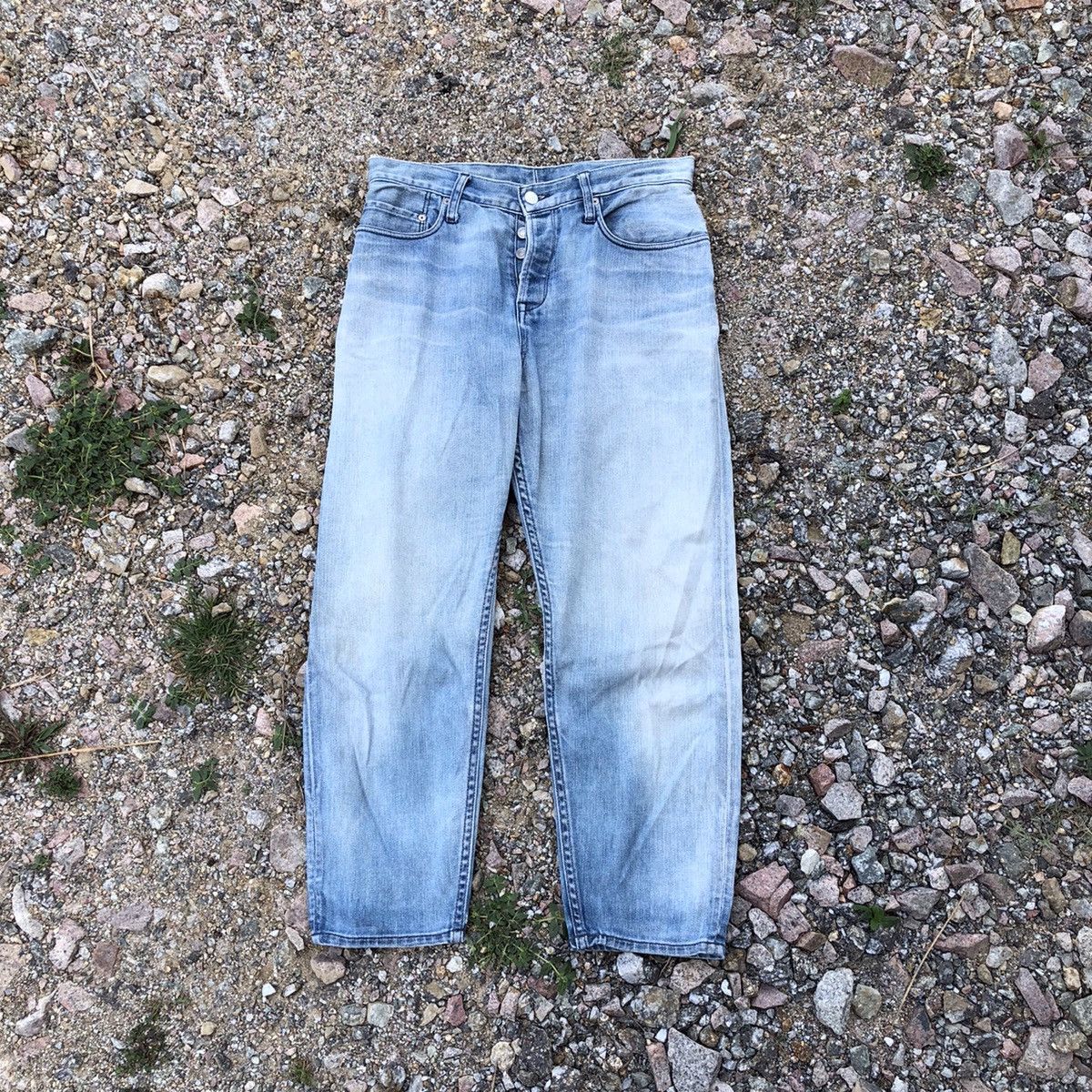 image of Helmut Lang Blue Washed Buckle Back Relaxed Jeans, Men's (Size 29)
