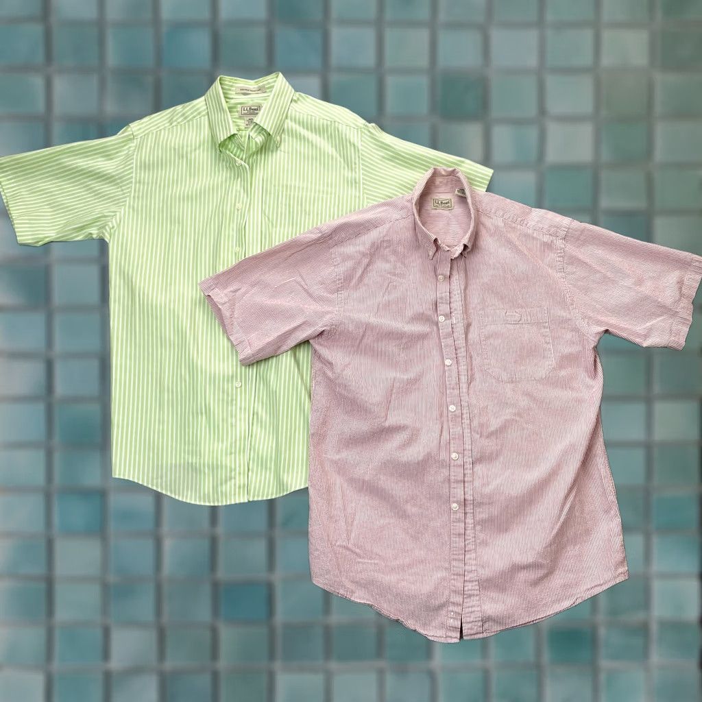 Vintage LL Bean Shirts Mens Medium Pink Green Striped Cotton Button Down Dress Size 40R - 1 Thumbnail