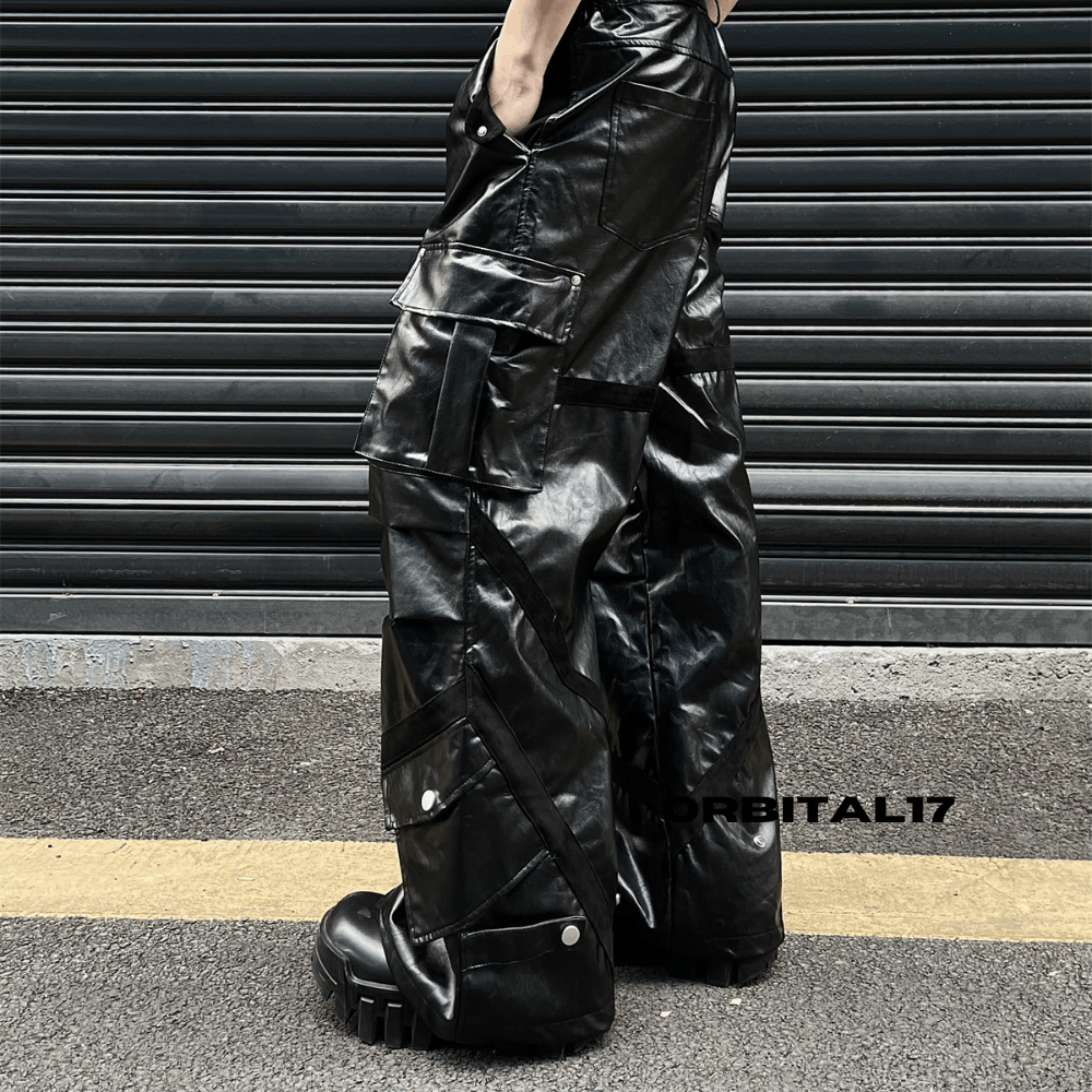 Leather Black Cargo Baggy Stacked Flare Faux Leather Jeans Size US 32 / EU 48 - 4 Thumbnail