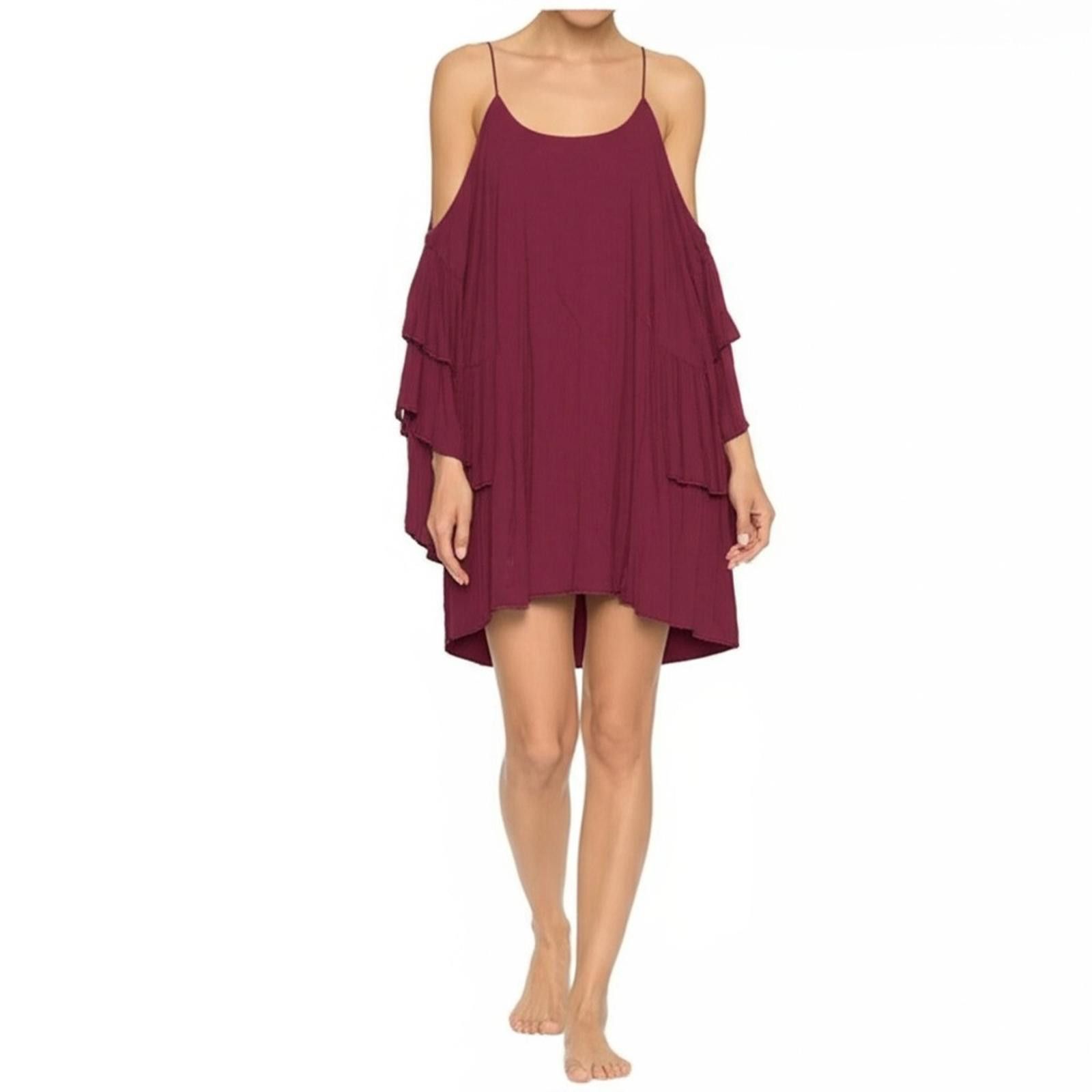 Other Umgee Mini Dress M Burgundy Cold Shoulder Ruffle Tiered Boho Size M / US 6-8 / IT 42-44 - 1 Thumbnail
