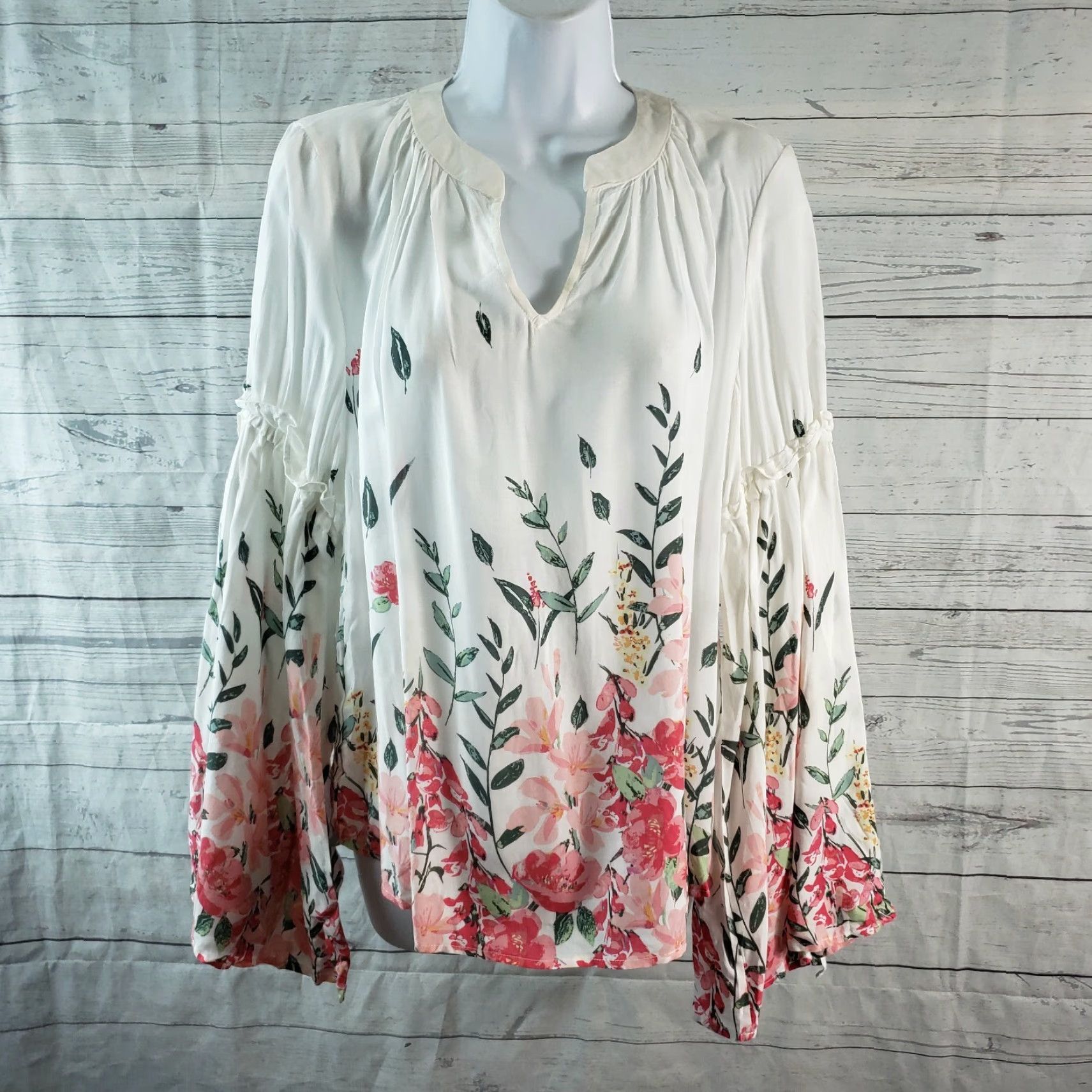 Bell Loveriche Womens Blouse Shirt Size L Pink White Floral Bell Sleeve Rayon Pullover Top Size L / US 10 / IT 46 - 2 Thumbnail