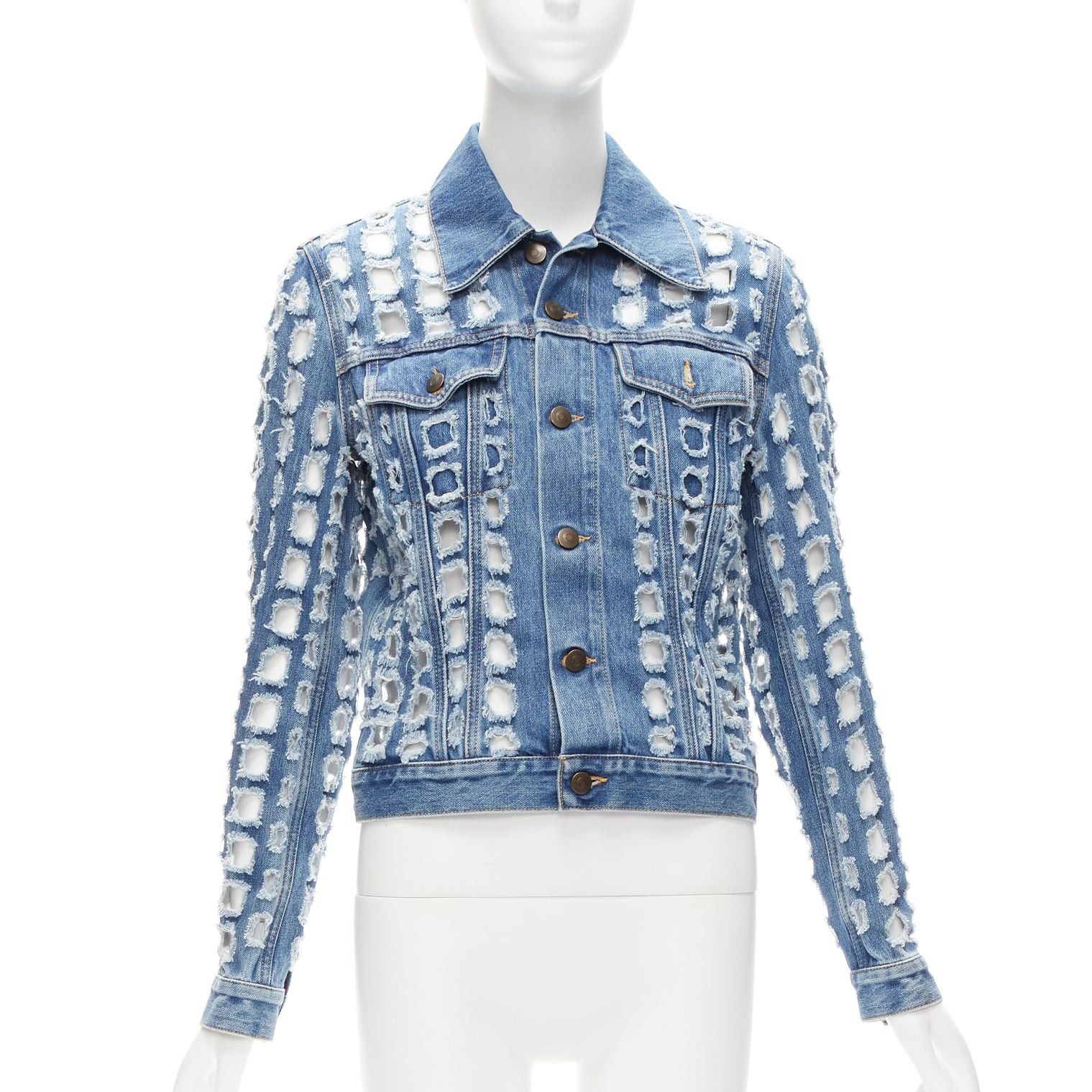 image of Maison Margiela John Galliano Blue Hole Punched Distressed Denim Jacket, Women's (Size Small)
