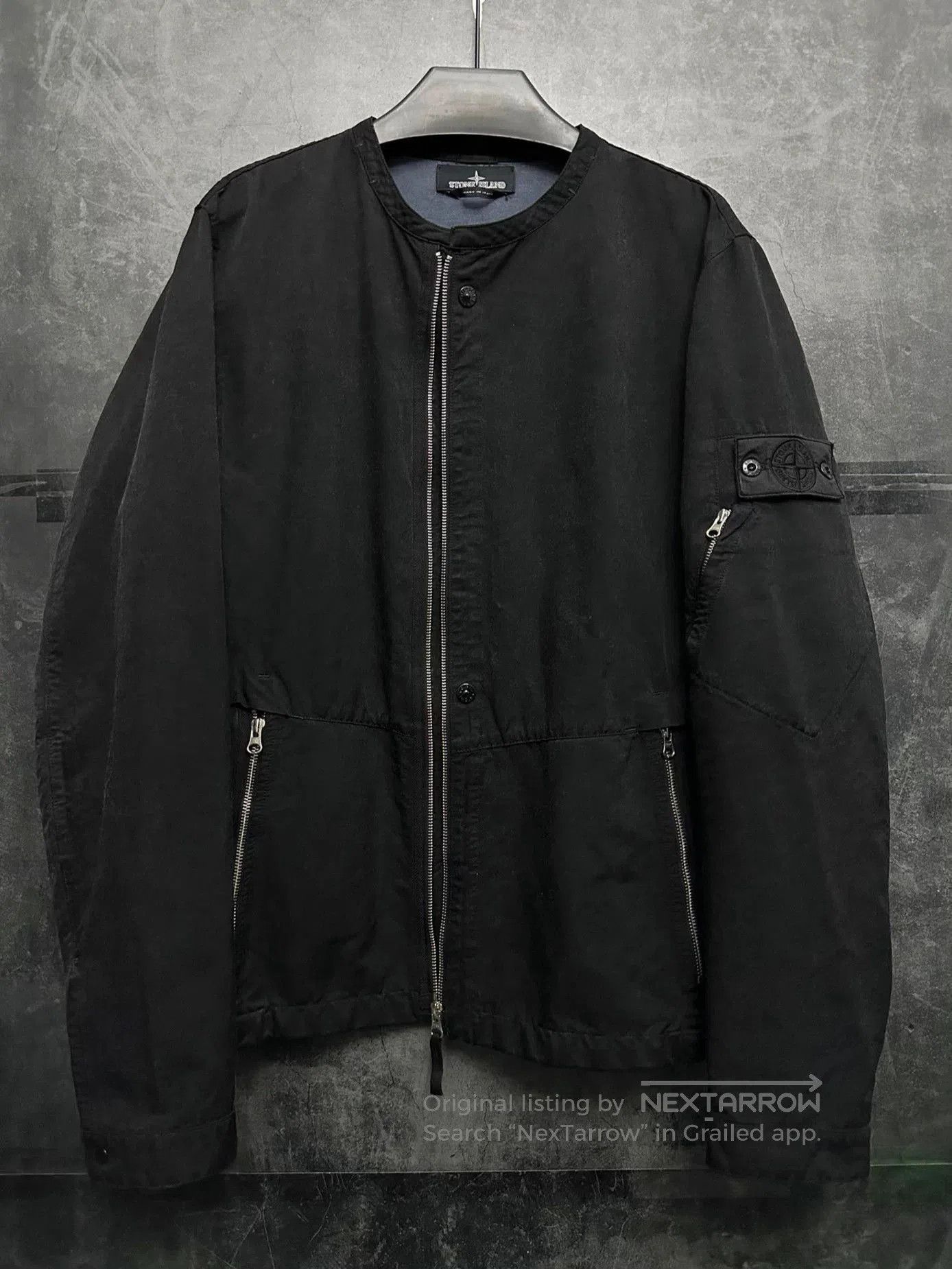 Black Zip-Front Bomber Jacket with Sleeve Patch.