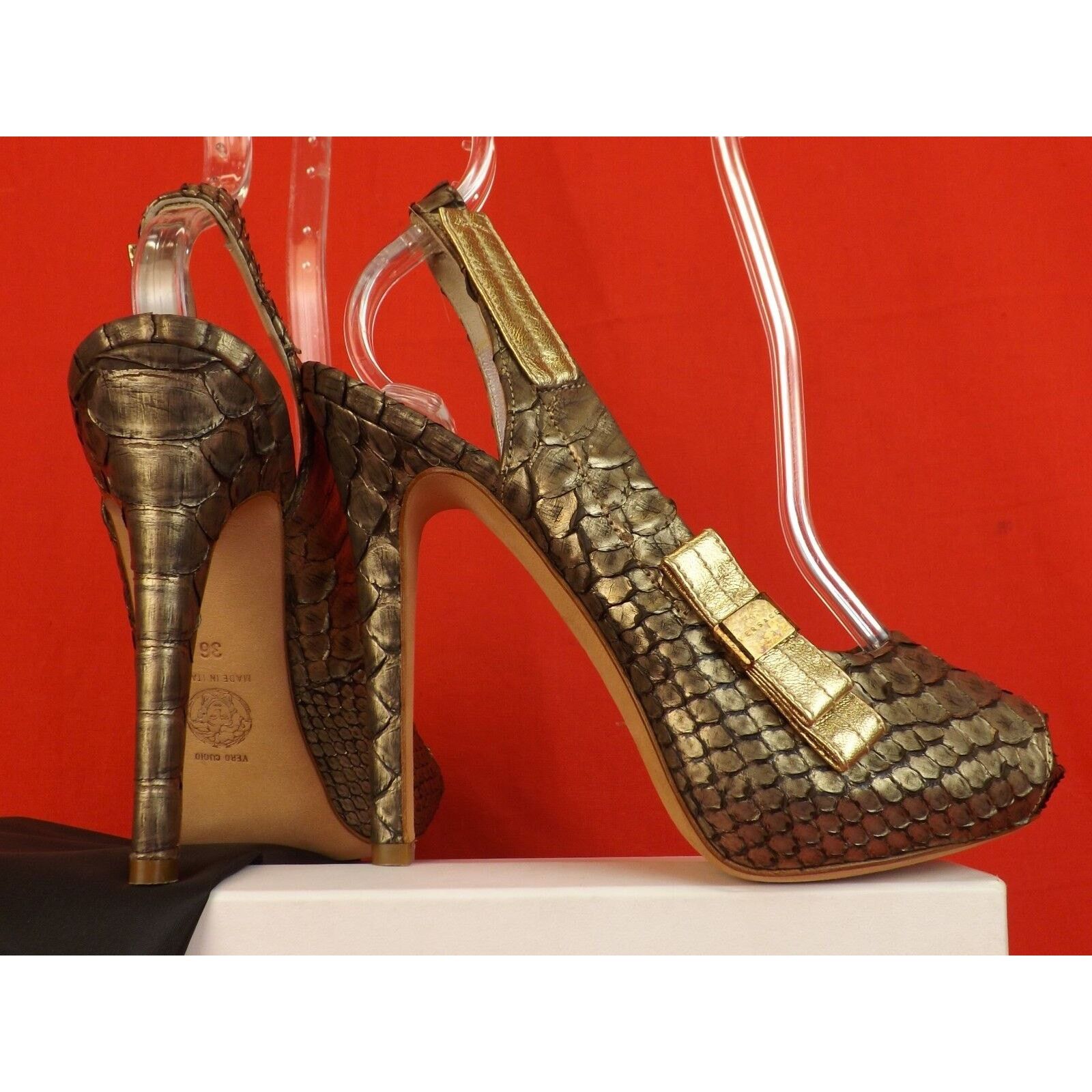 Versace BRONZE PYTHON PEEP TOE BOW LOGO PLATFORM SANDALS PUMPS 35.5 Size US 5.5 / IT 35.5 - 3 Thumbnail