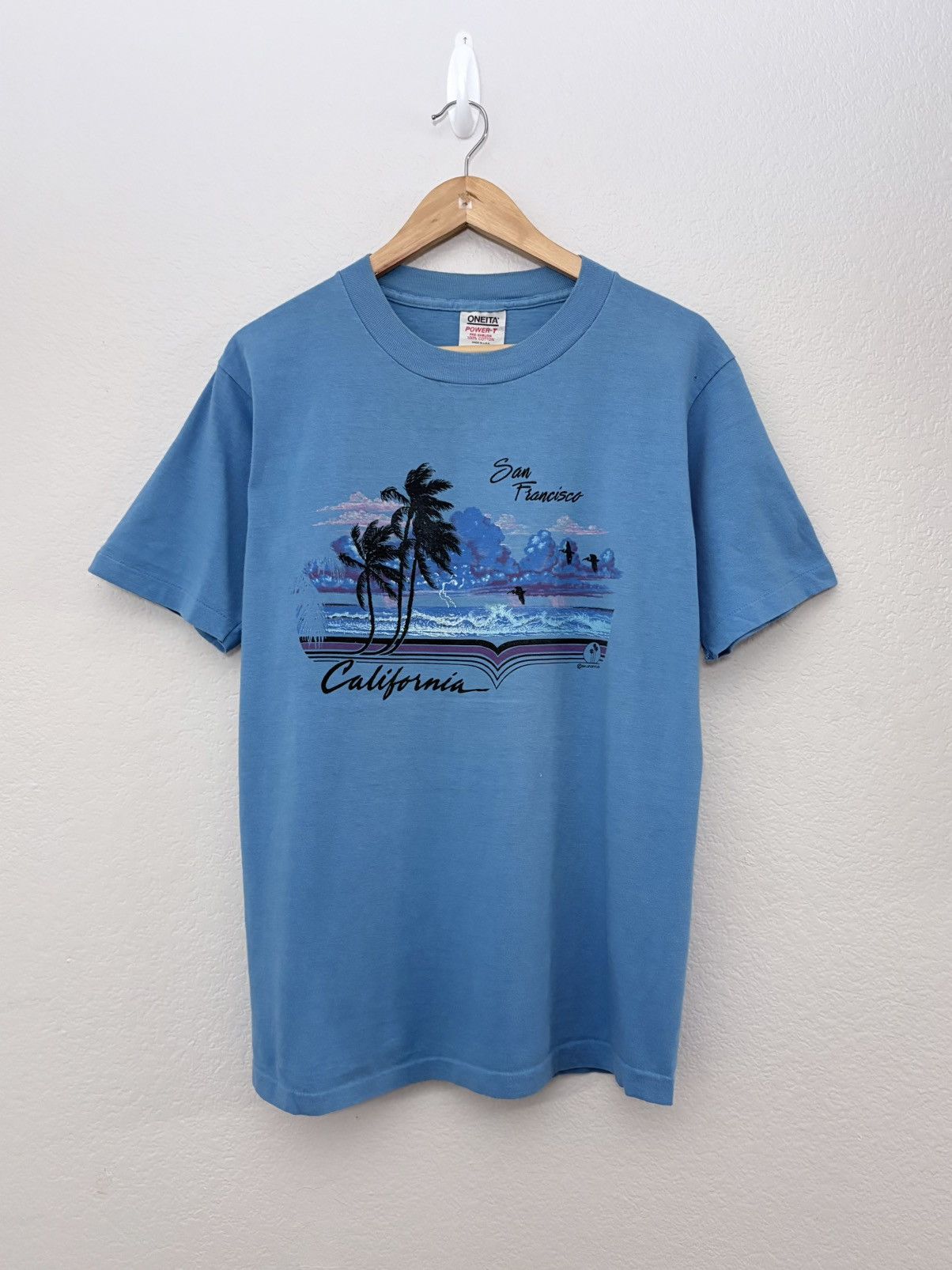 Vintage 80’s Oneita Tag California beach faded blue shirt Size US L / EU 52-54 / 3 - 1 Thumbnail