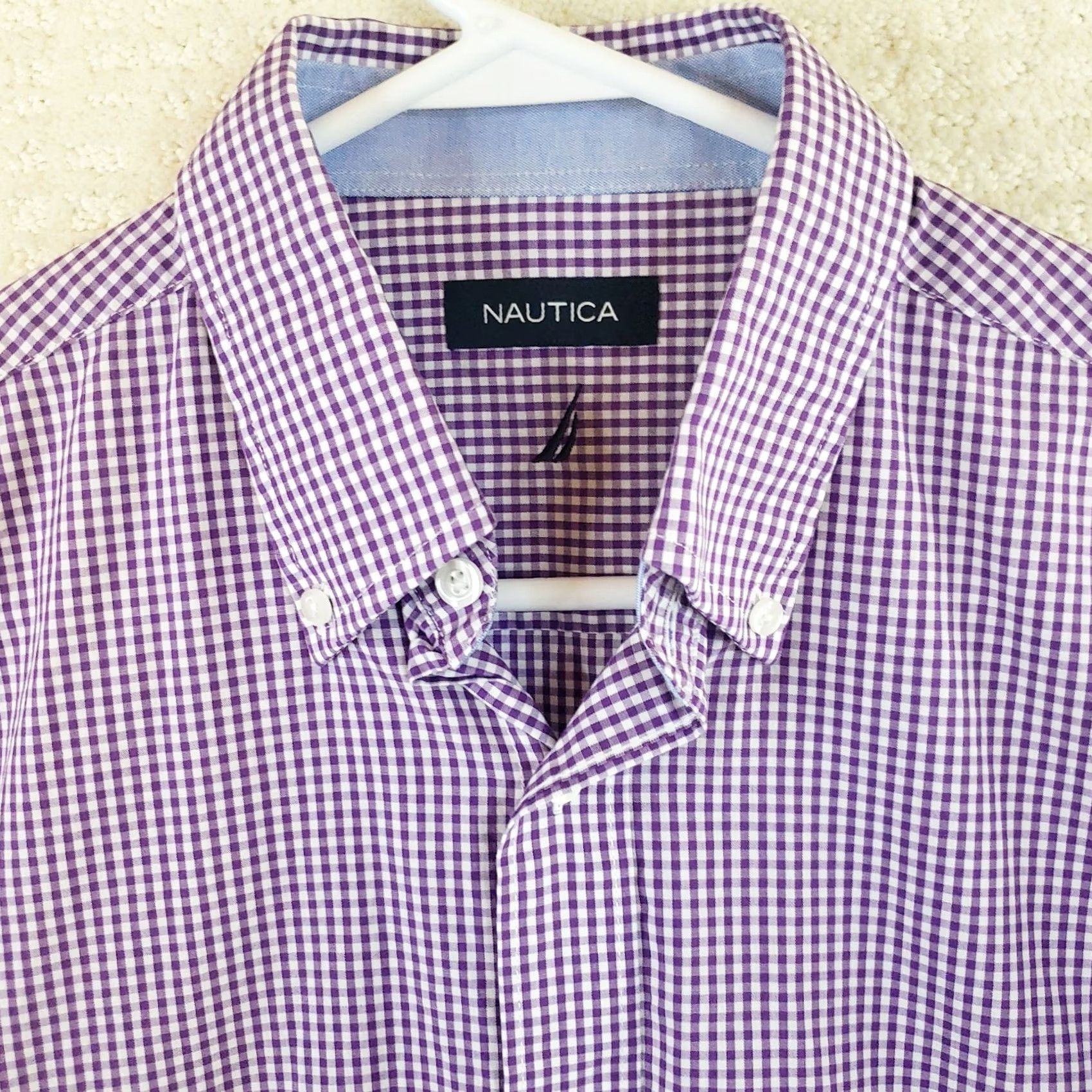 Nautica Nautica Dress Shirt Men L 16 34/35 Purple White Check Button-Down Long Sleeve Vintage Regular Size 42R - 4 Thumbnail