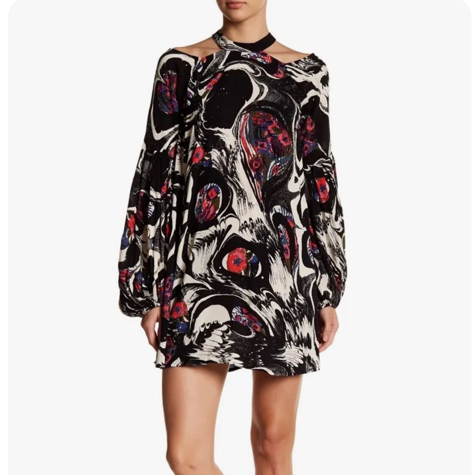 Free People FREE PEOPLE Drift Away Cold Shoulder Marbled Mini Dress Size S / US 4 / IT 40 - 1 Thumbnail