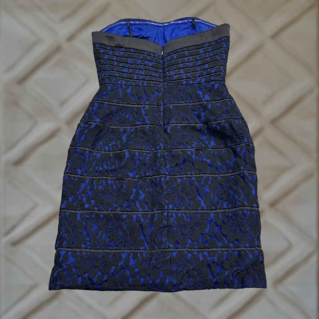 VINTAGE? Aqua Lace Strapless Pencil Mini Dress Womens 2 Black Blue Floral  Party Cocktail