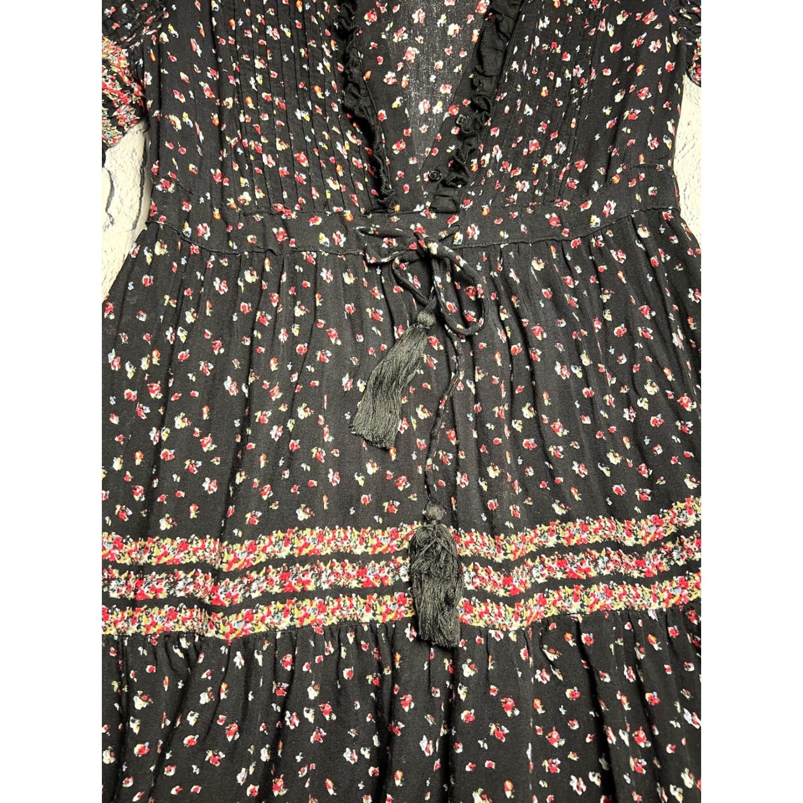 Free People Free People Dress Maxi Bohemian Print Floral Black XS Short Sleeve Button Layered Vintage No Size XS / US 0-2 / IT 36-38 - 4 Thumbnail