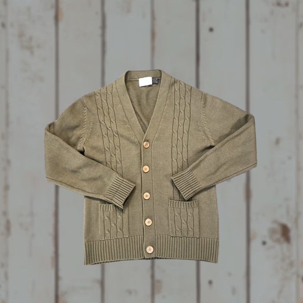 JCPenney VINTAGE JCPenney Sweater Cardigan Mens Large Green Cable-Knit Pockets 80s Size US L / EU 52-54 / 3 - 1 Thumbnail