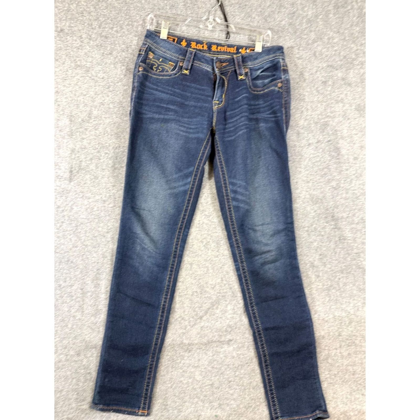 Vintage Rock Revival Jeans Womens 29 Blue Denim Jessica Skinny Stretch Low Rise Whisker Wash Pockets Size 29" - 3 Thumbnail