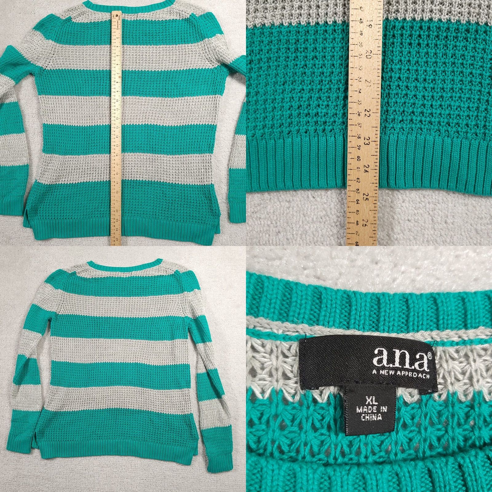 Vintage a.n.a Sweater Women's XL Green Gray Striped Long Sleeve Round Neck Open Knit Size XL / US 12-14 / IT 48-50 - 8 Thumbnail