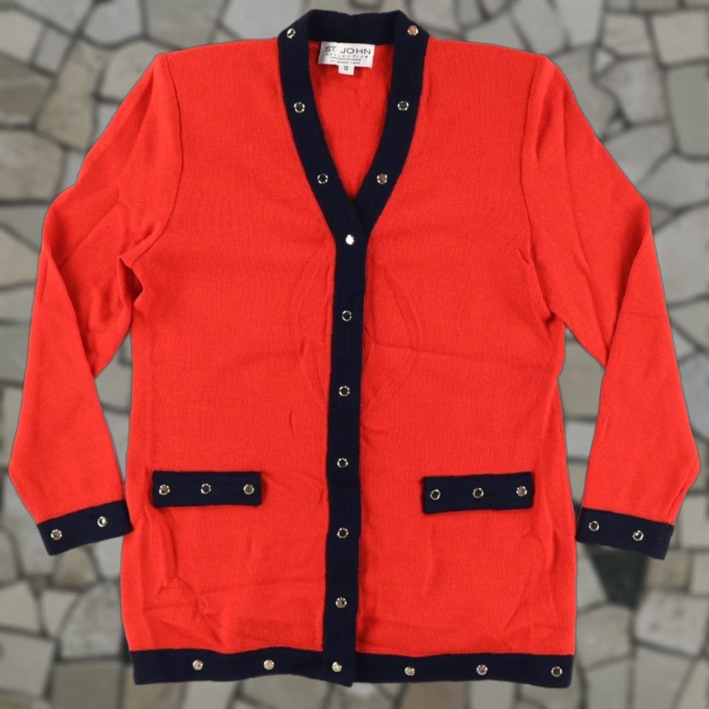 St. John by Marie Gray Santana Knit Snap Cardigan Solid Red Women 10 Cardigan Sweater V-Neck Long Sleeve Shirt