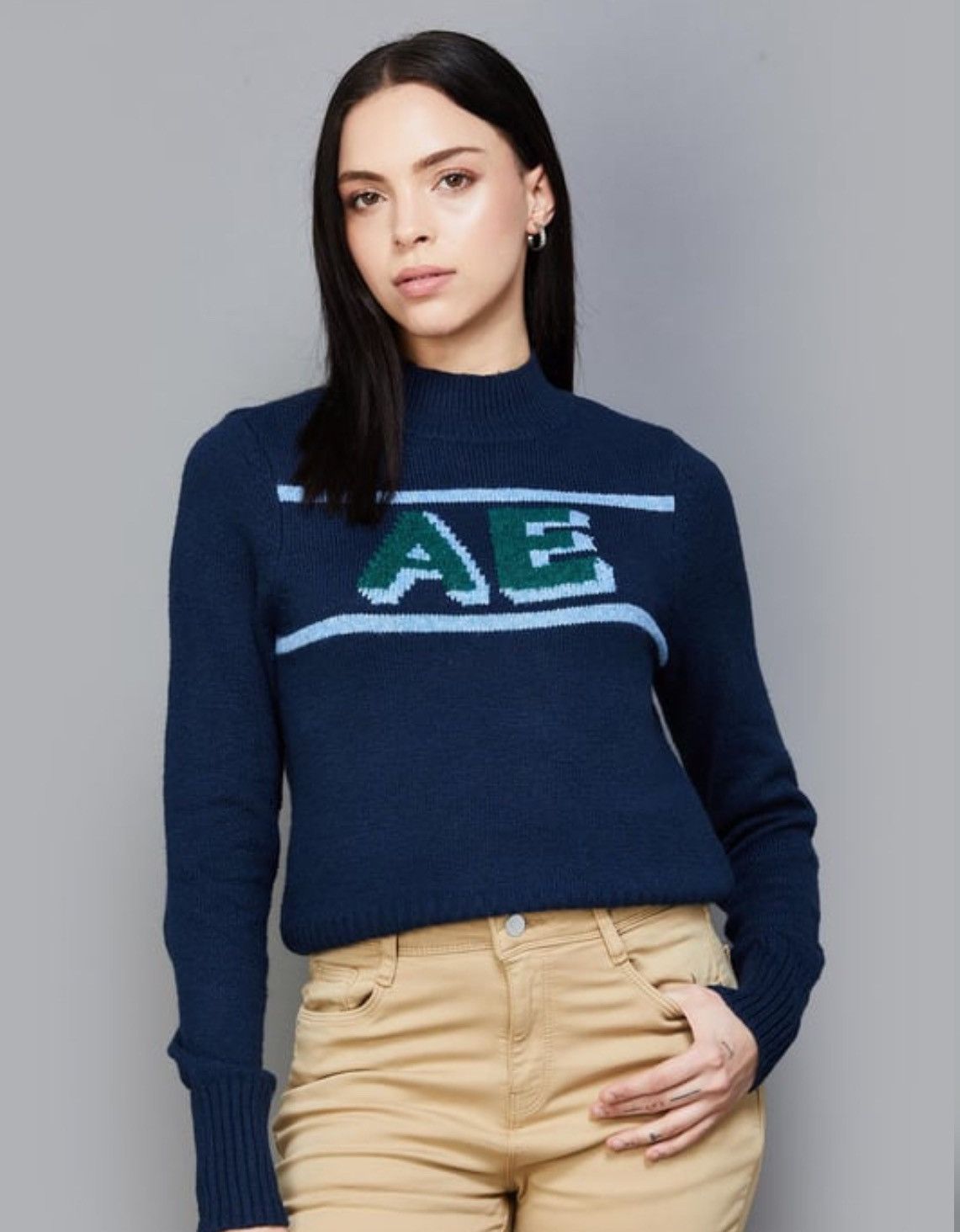 American Eagle Outfitters American Eagle Woven Holiday High Neck Knitted Blue Sweater Size S / US 4 / IT 40 - 1 Thumbnail